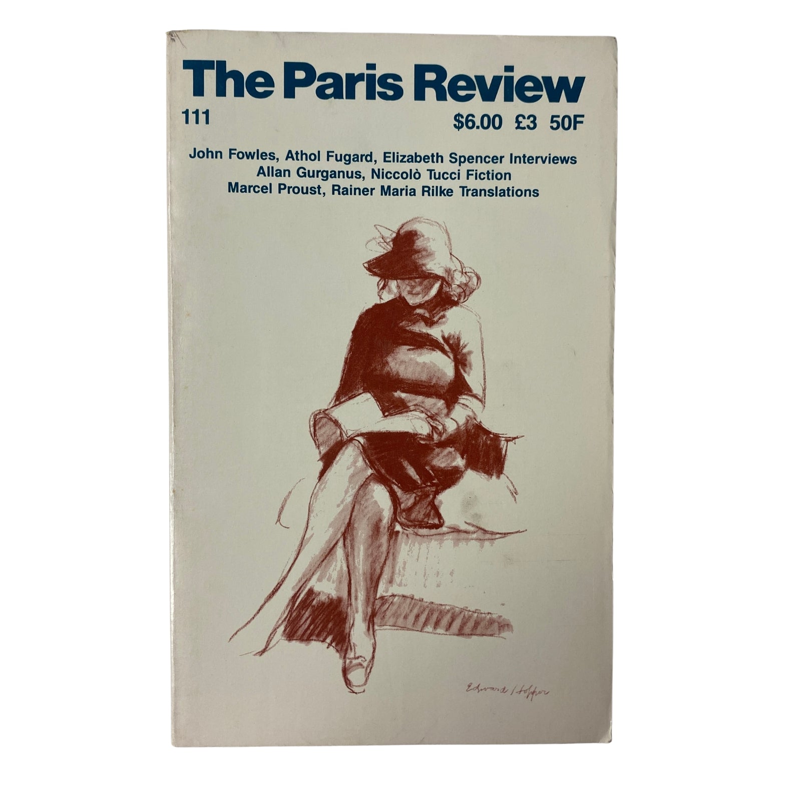 Cover of The Paris Review Magazine Summer 1989 No. 111 featuring a drawing of a woman seated, with highlights on interviews with John Fowles, Athol Fugard, and fiction by Allan Gurganus and Niccolò Tucci.