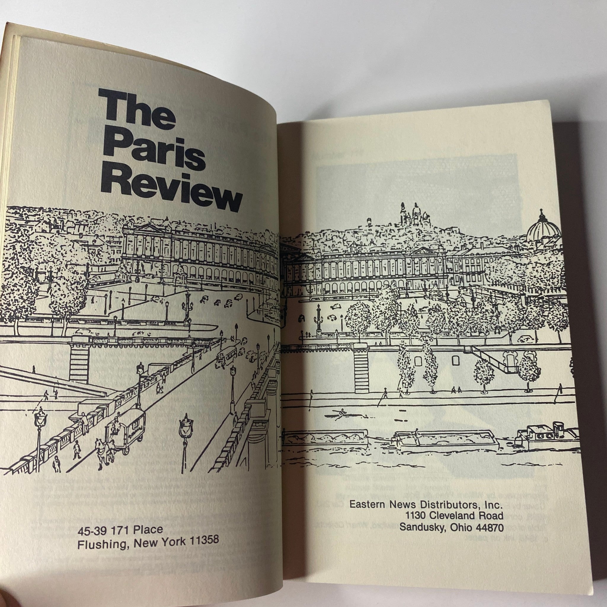 Inside spread of The Paris Review Magazine Summer 1989 No. 111 displaying the publication's details and artistic illustration of a historical site.