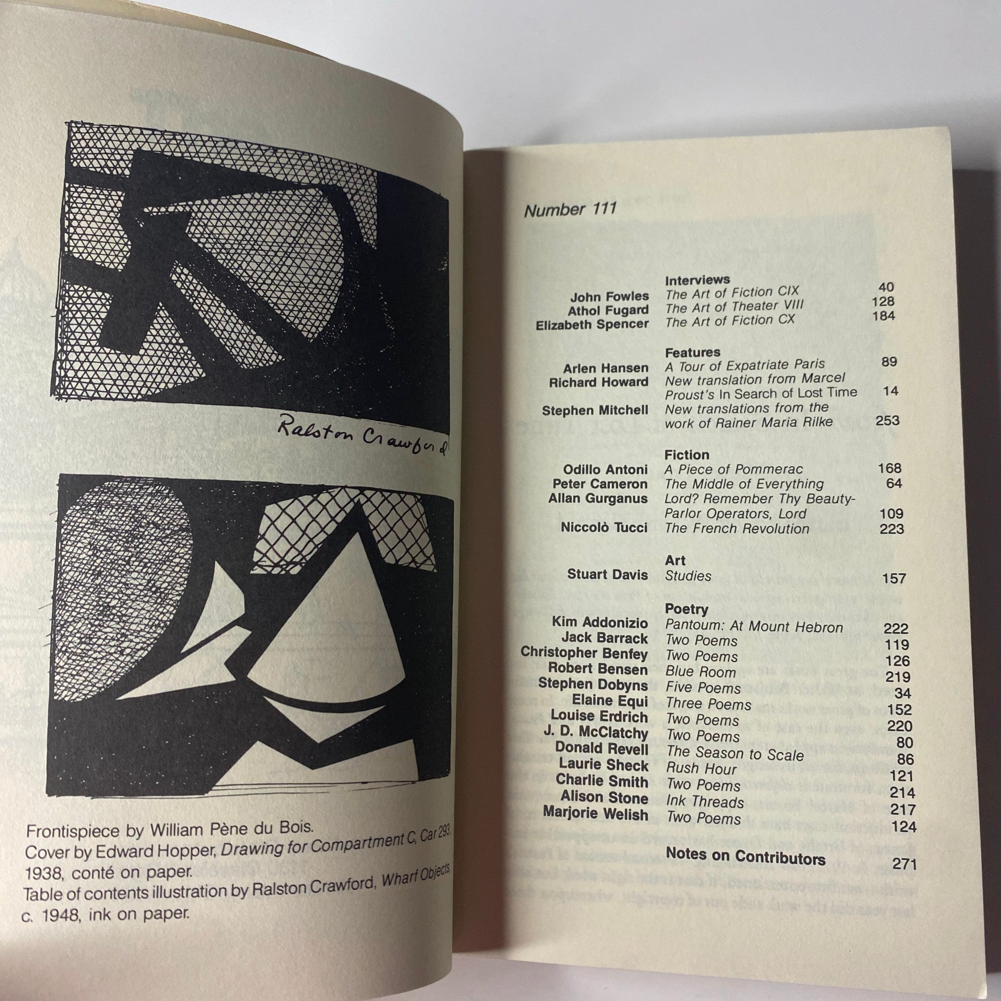 Inside spread of The Paris Review Magazine Summer 1989 No. 111 containing the table of contents, highlighting contributors like Edward Hopper and Ralston Crawford.