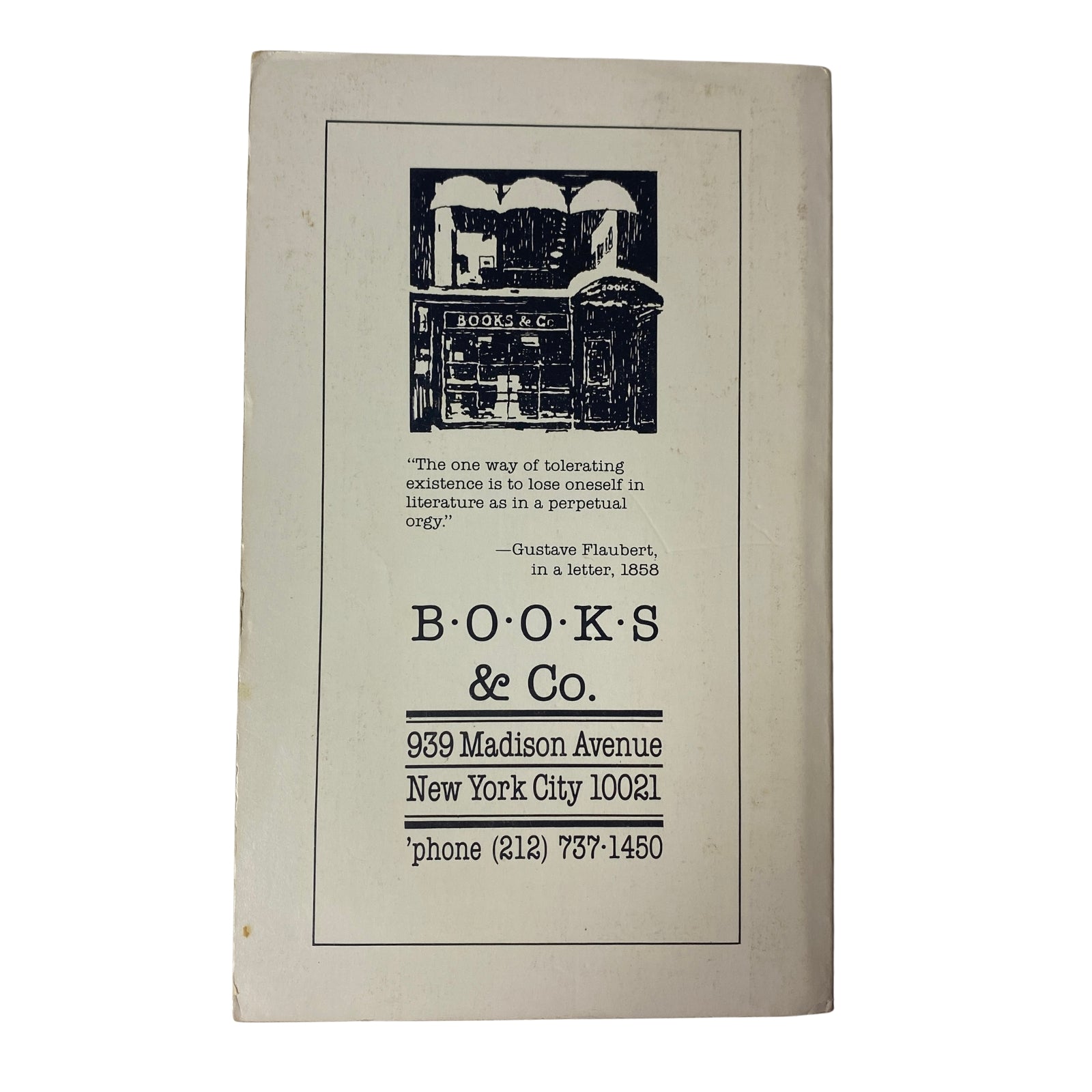 Back cover of The Paris Review Magazine Winter II 1989 No. 113, displaying an illustration of a bookstore with a quote by Gustave Flaubert.