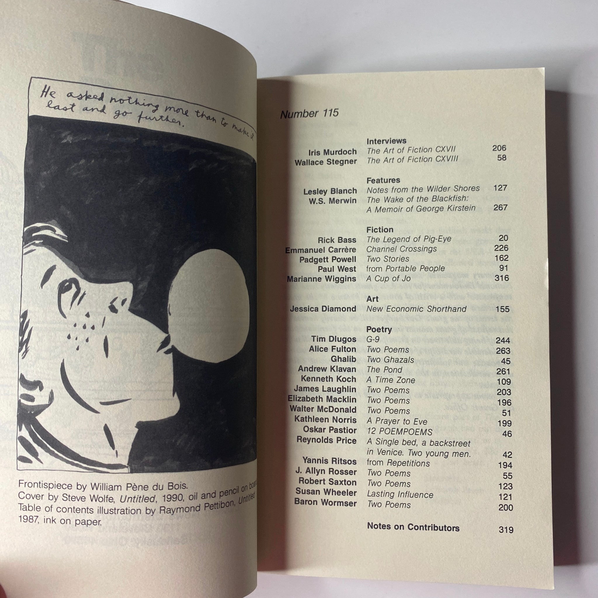 Interior page from The Paris Review Magazine Summer 1990 No. 115, displaying the table of contents including interviews and featured works by various authors and artists.