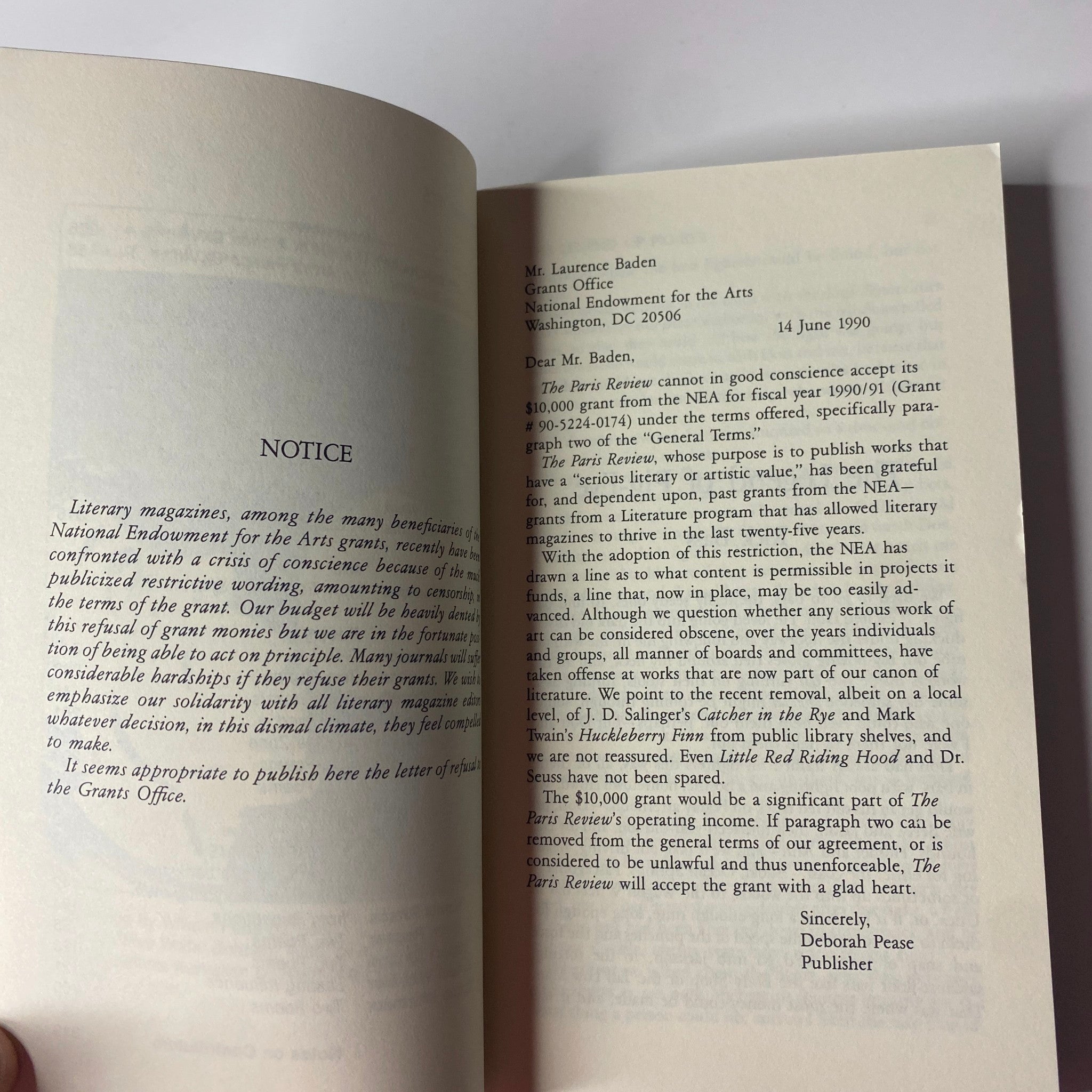 Notice page from The Paris Review Magazine Summer 1990 No. 115, featuring a letter regarding the literary magazine's grants and permissions.