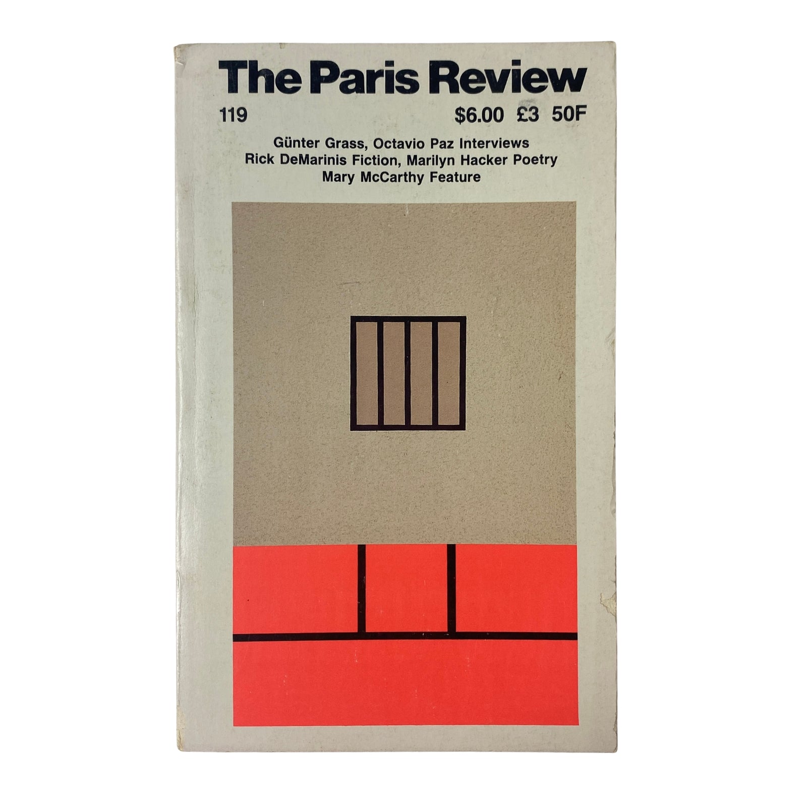 Cover of The Paris Review Magazine Summer 1991 No. 119 featuring artwork by Peter Halley. Highlights include interviews with Günter Grass and Octavio Paz, and contributions from authors Rick DeMarinis, Marilyn Hacker, and Mary McCarthy.