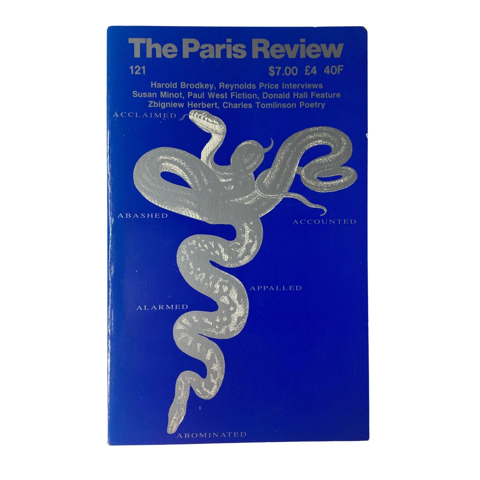 Cover of The Paris Review Magazine Winter 1991 No. 121 featuring a silver snake design with interview highlights and a price label.