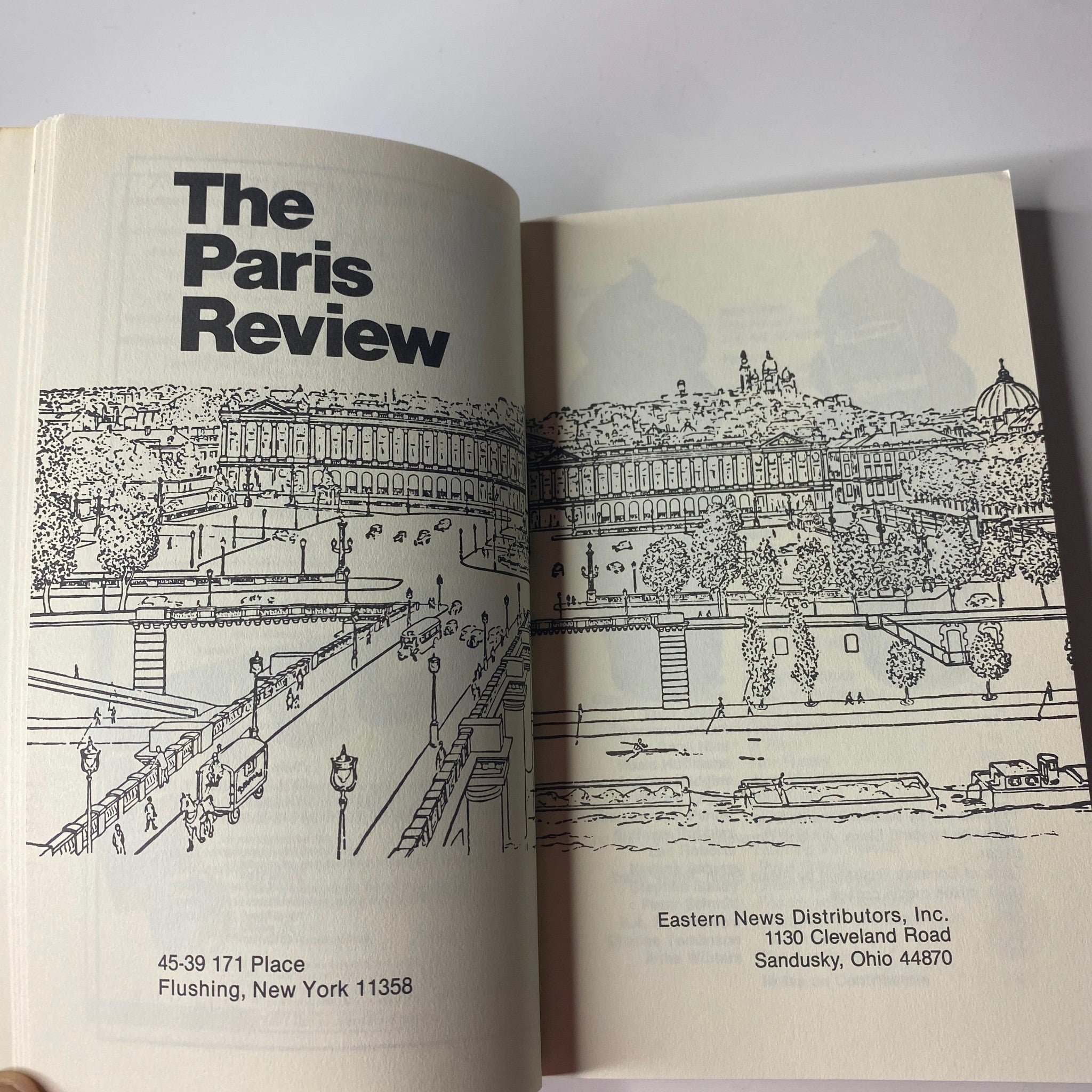 Inside page of The Paris Review Magazine Winter 1991 No. 121 displaying publication details and line art of a cityscape.