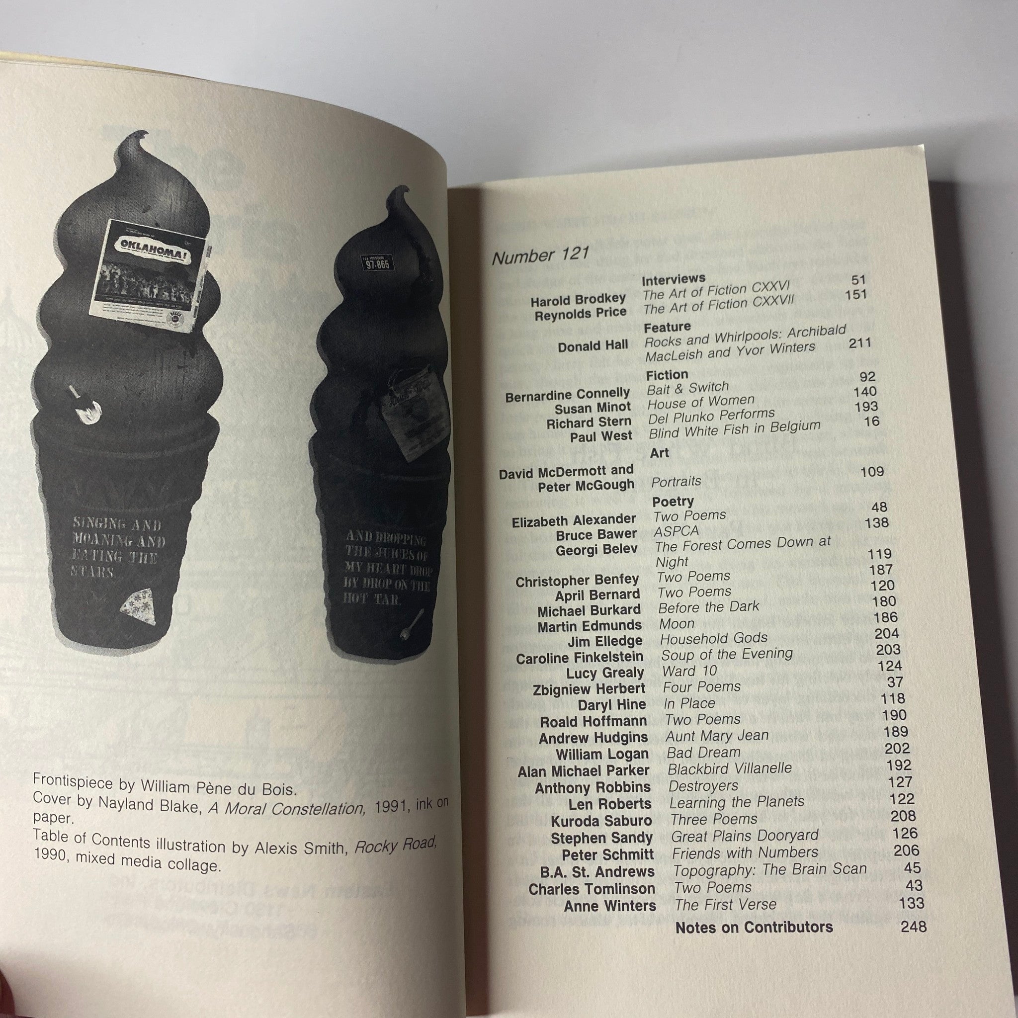 Table of contents for The Paris Review Magazine Winter 1991 No. 121, featuring interviews with Harold Brodkey and Reynolds Price, and a feature by Donald Hall.