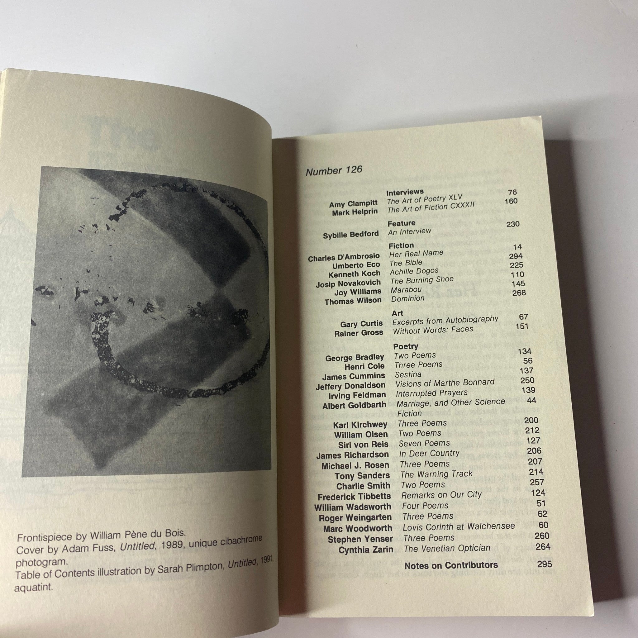 Interior page of The Paris Review Magazine Spring 1993 No. 126 featuring the table of contents, highlighting interviews and fiction.