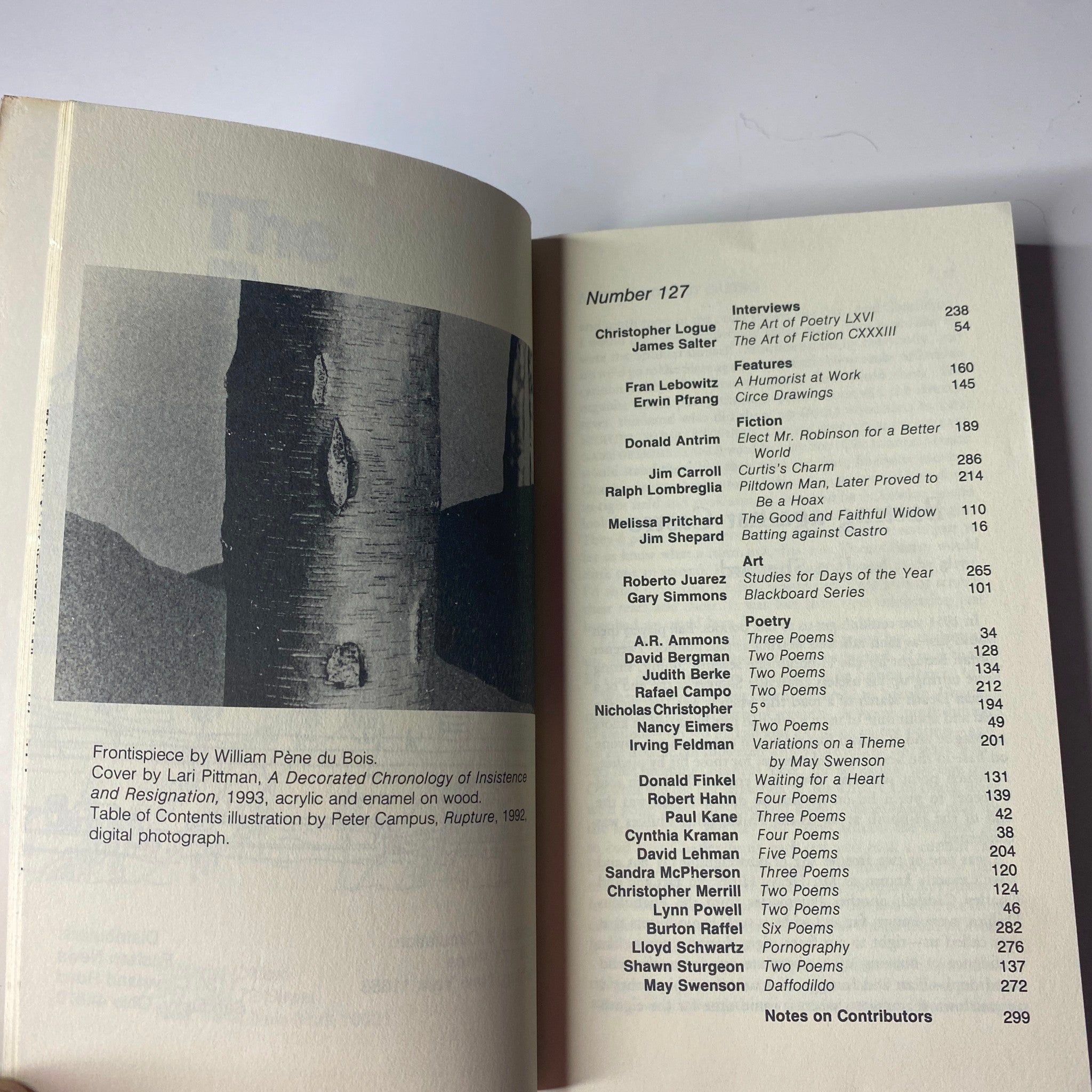 The interior page of The Paris Review Magazine Summer 1993 No. 127 featuring the table of contents and a frontispiece by William Pène du Bois.