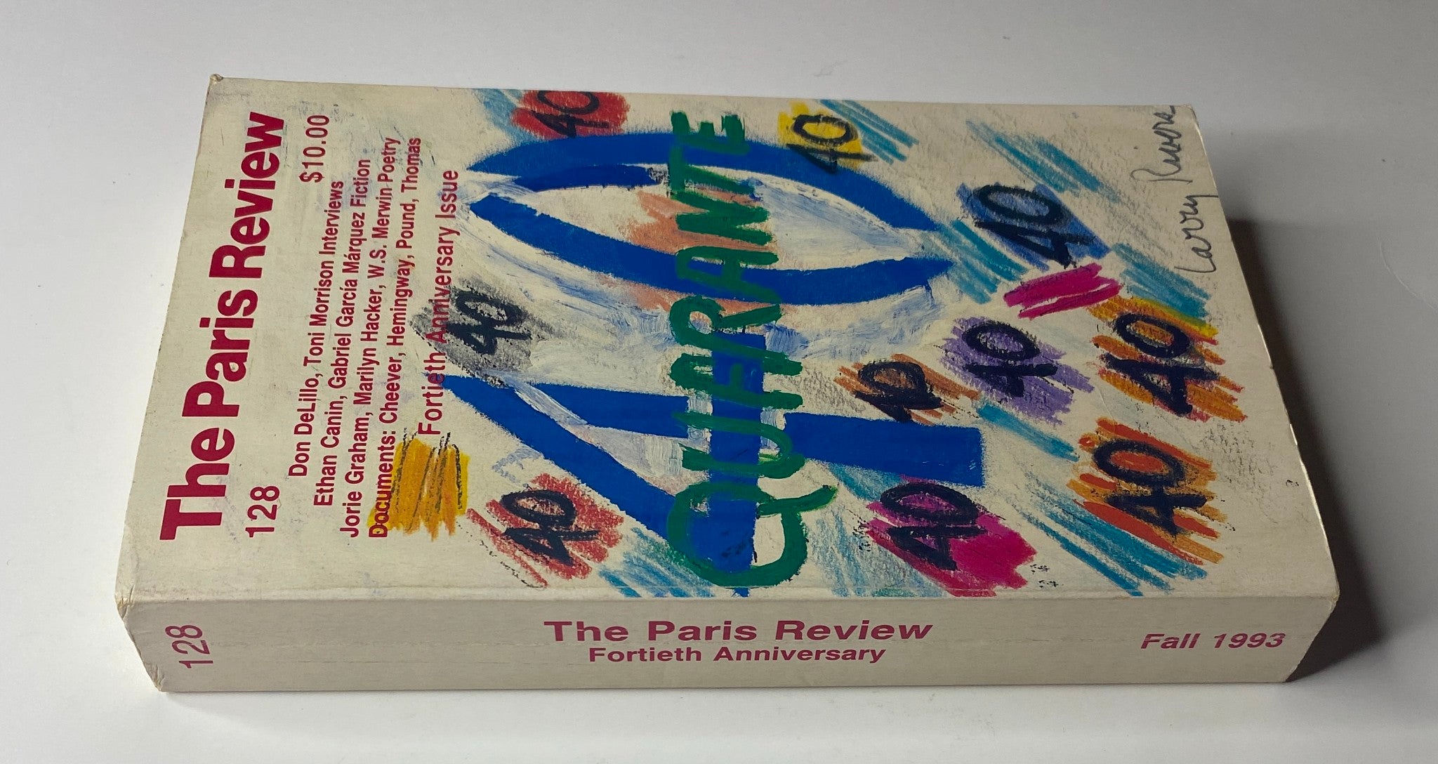Side view of The Paris Review Magazine Fall 1993 No. 128, showcasing the fortieth anniversary issue with a colorful design by Larry Rivers, emphasizing notable articles and interviews.