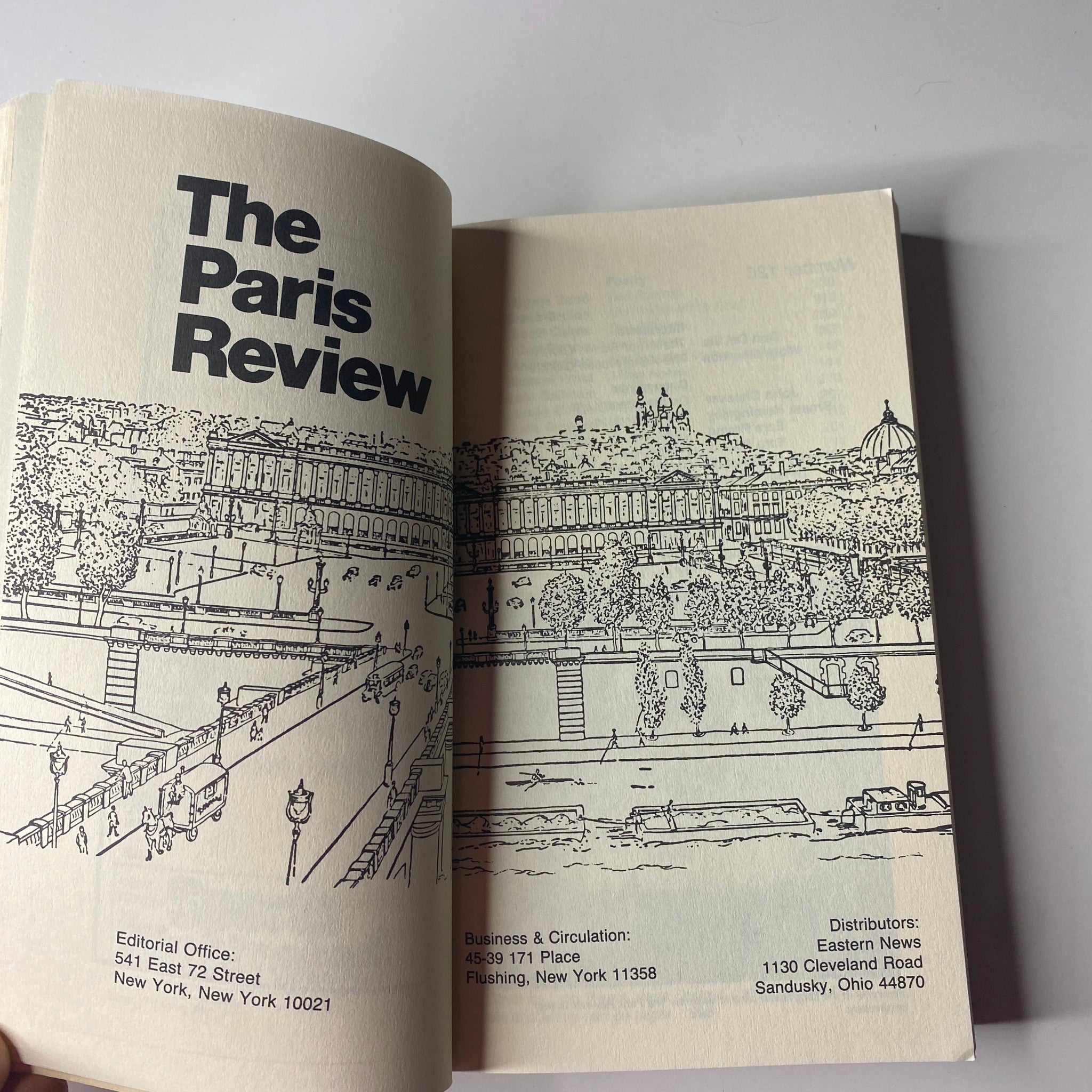 Inside pages of The Paris Review Magazine Fall 1993 No. 128, displaying the editorial information, featuring artistic illustrations and layout typical of the esteemed literary magazine.