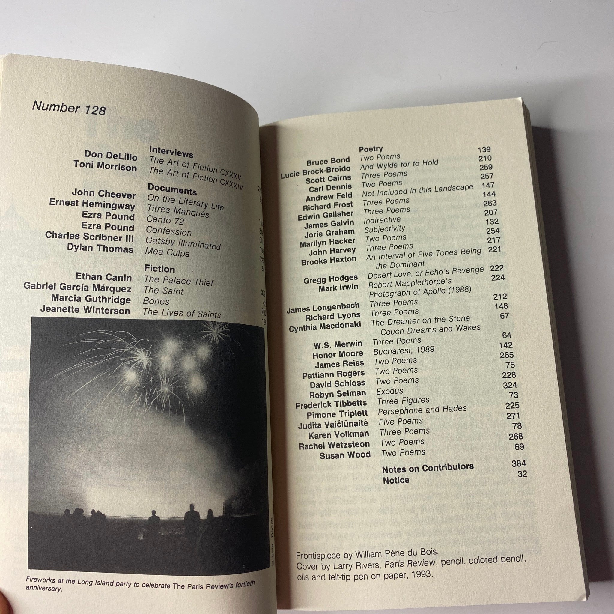 The Paris Review Magazine Fall 1993 No. 128 Don DeLillo – Table of contents page featuring interviews with literary figures and poetry highlights.
