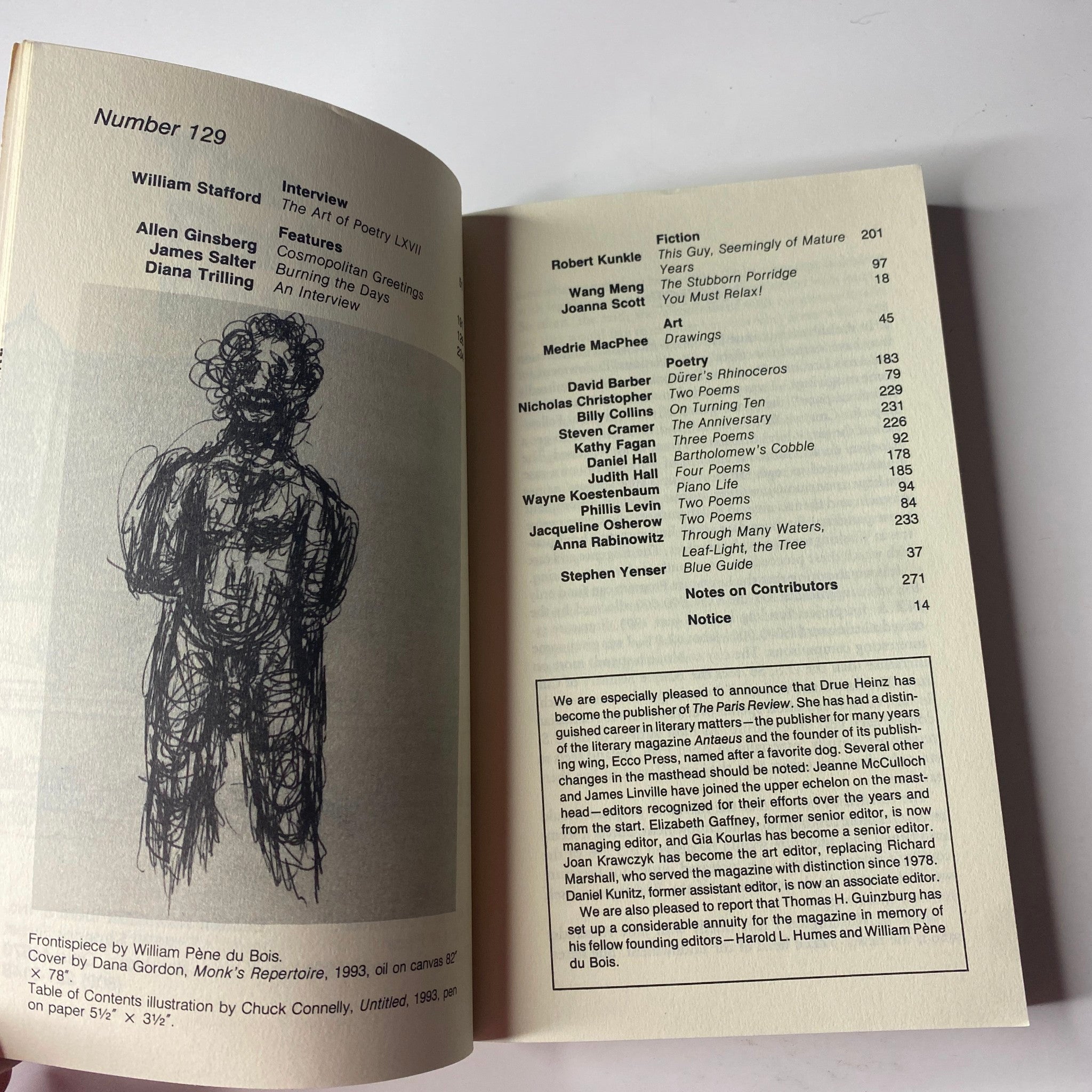 Inside page of The Paris Review Magazine Winter 1993 No. 129, displaying the table of contents highlighting contributors William Stafford, Allen Ginsberg, James Salter, and Diana Trilling.