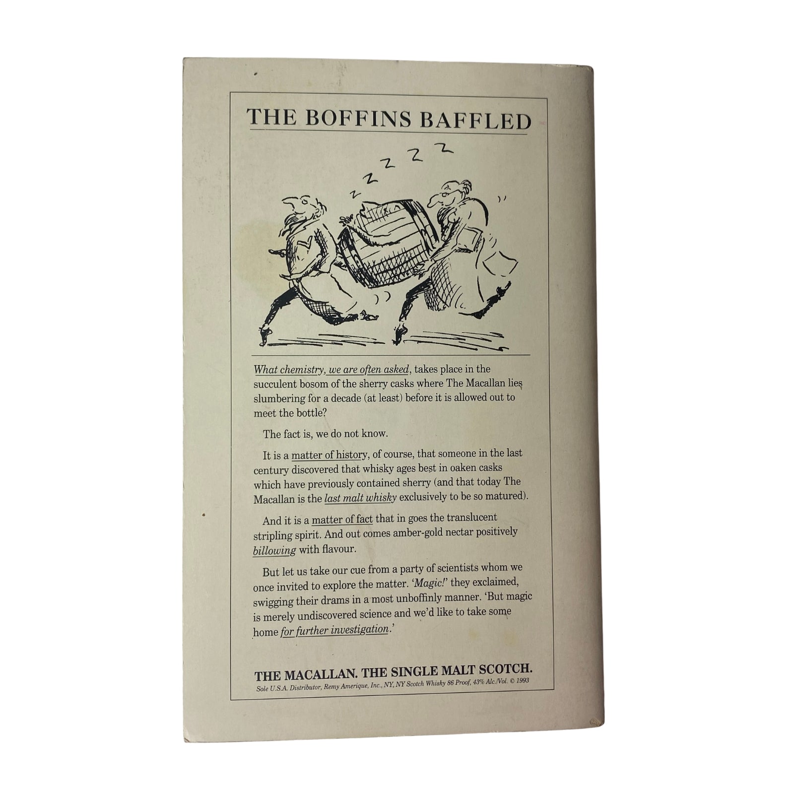 The back cover of The Paris Review Magazine Winter 1993 No. 129, featuring an advertisement for The Macallan Scotch with a humorous illustration.