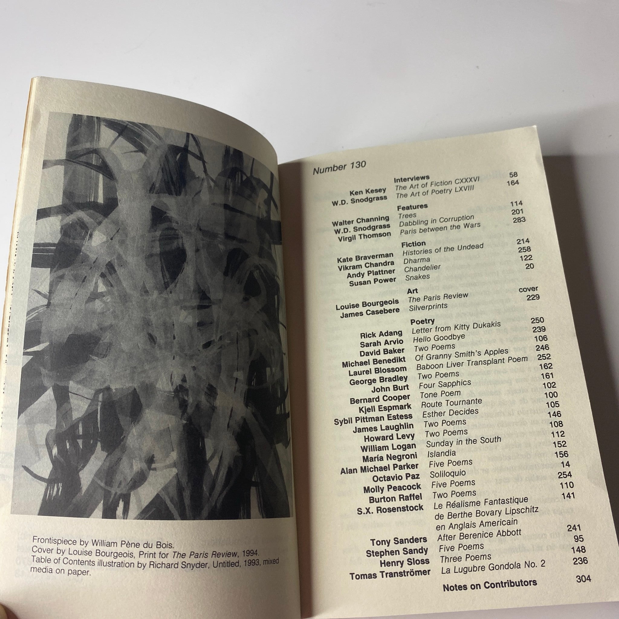 Contents page of The Paris Review Magazine Spring 1994 No. 130 listing interviews and features from renowned authors.