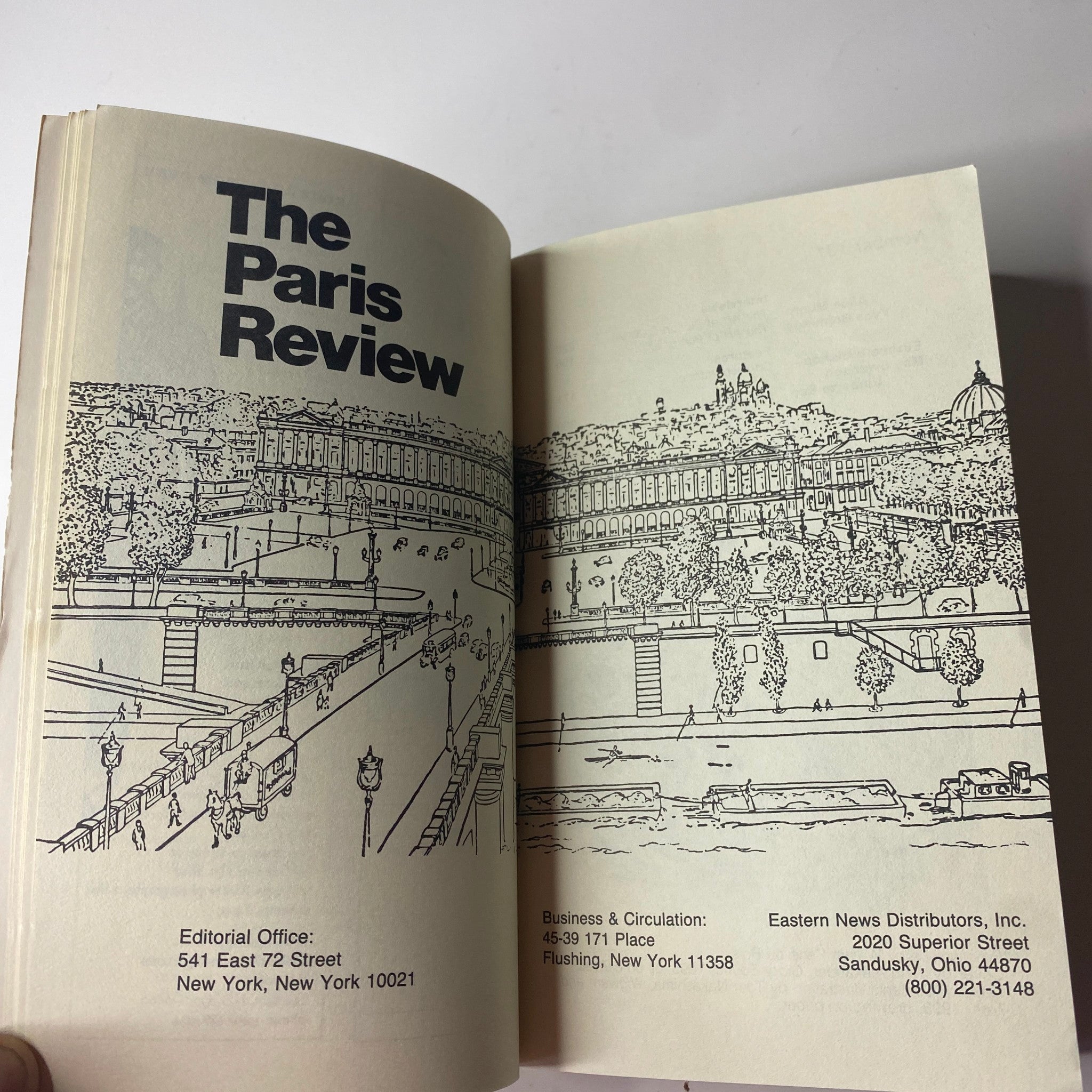 Inside page of The Paris Review Magazine Summer 1994 No. 131, showcasing the editorial office details and iconic black and white illustration of the Paris skyline.
