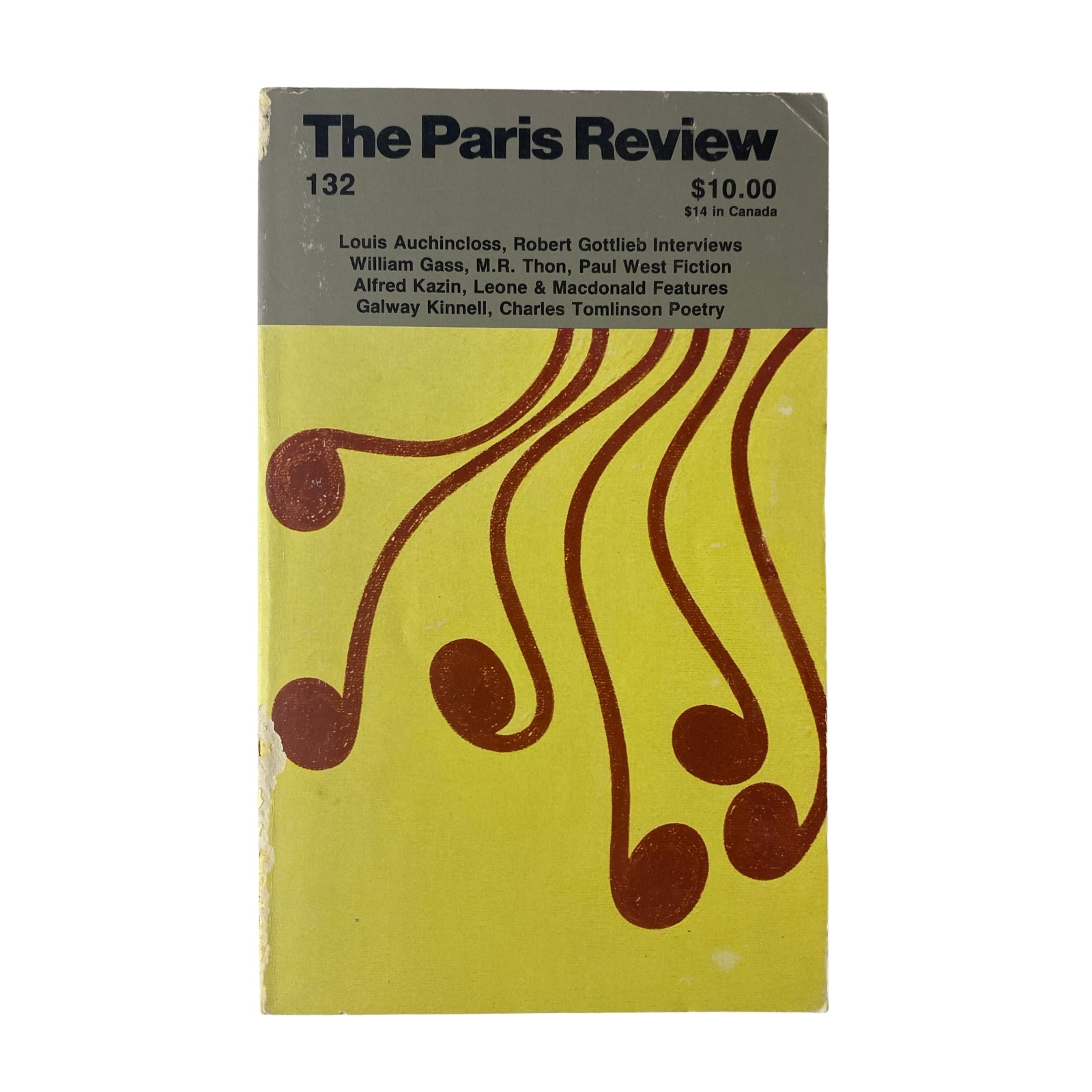 Cover of The Paris Review Magazine Fall 1994 No. 132 featuring a vibrant yellow design with red swirl patterns, listing contributors Louis Auchincloss, Robert Gottlieb, Alfred Kazin, and others.