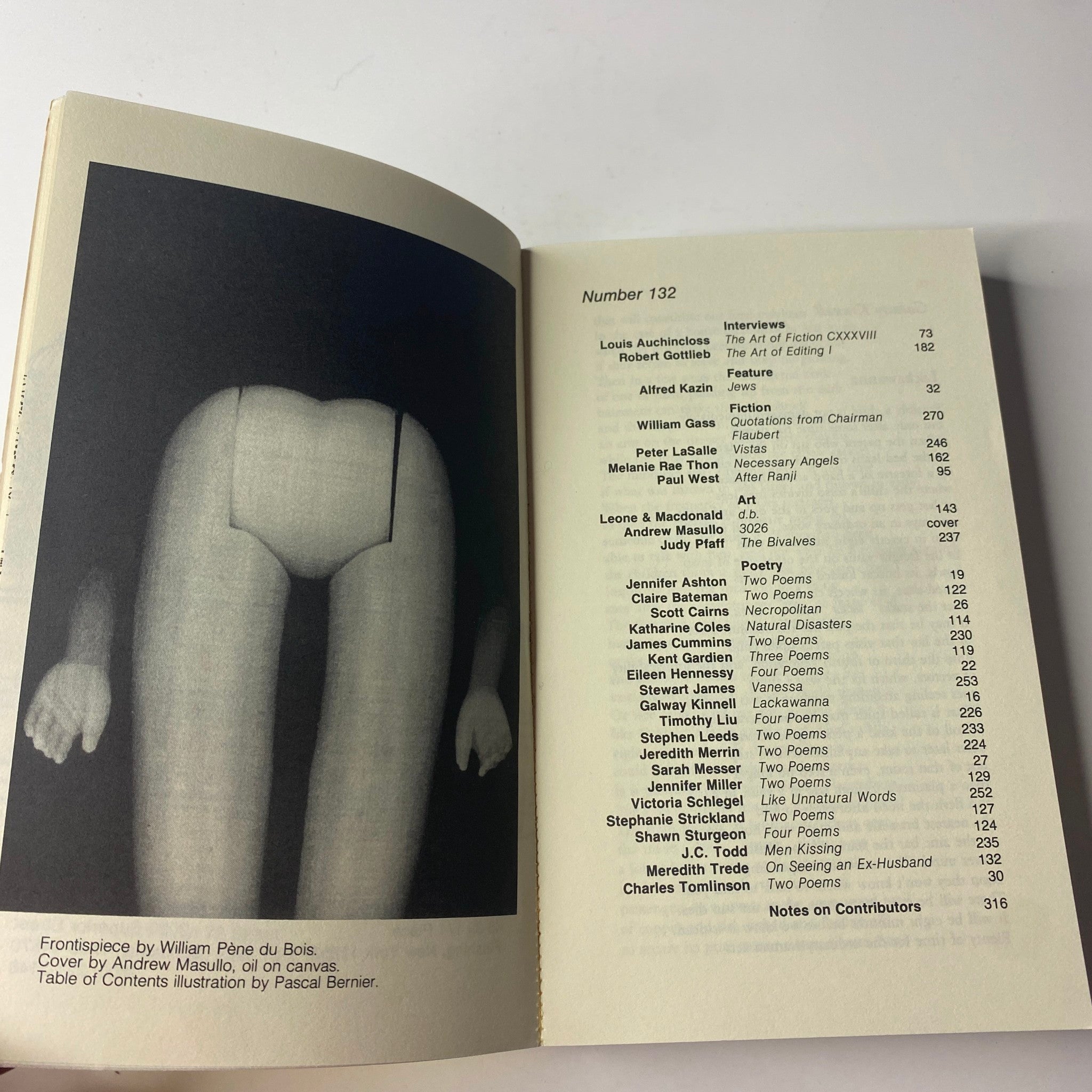 Contents page from The Paris Review Magazine Fall 1994 No. 132, listing contributions from Louis Auchincloss, Alfred Kazin, and others.