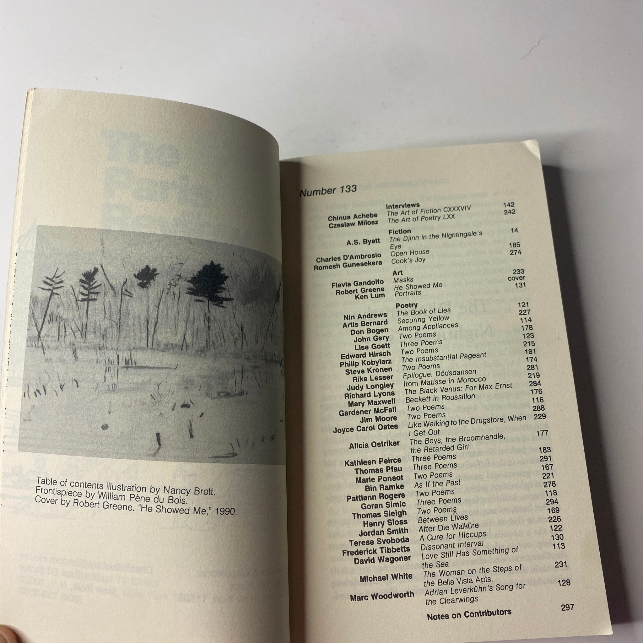 Inside page of The Paris Review Magazine Winter 1994-1995 No. 133 showing the table of contents with illustrations, listing significant contributors.
