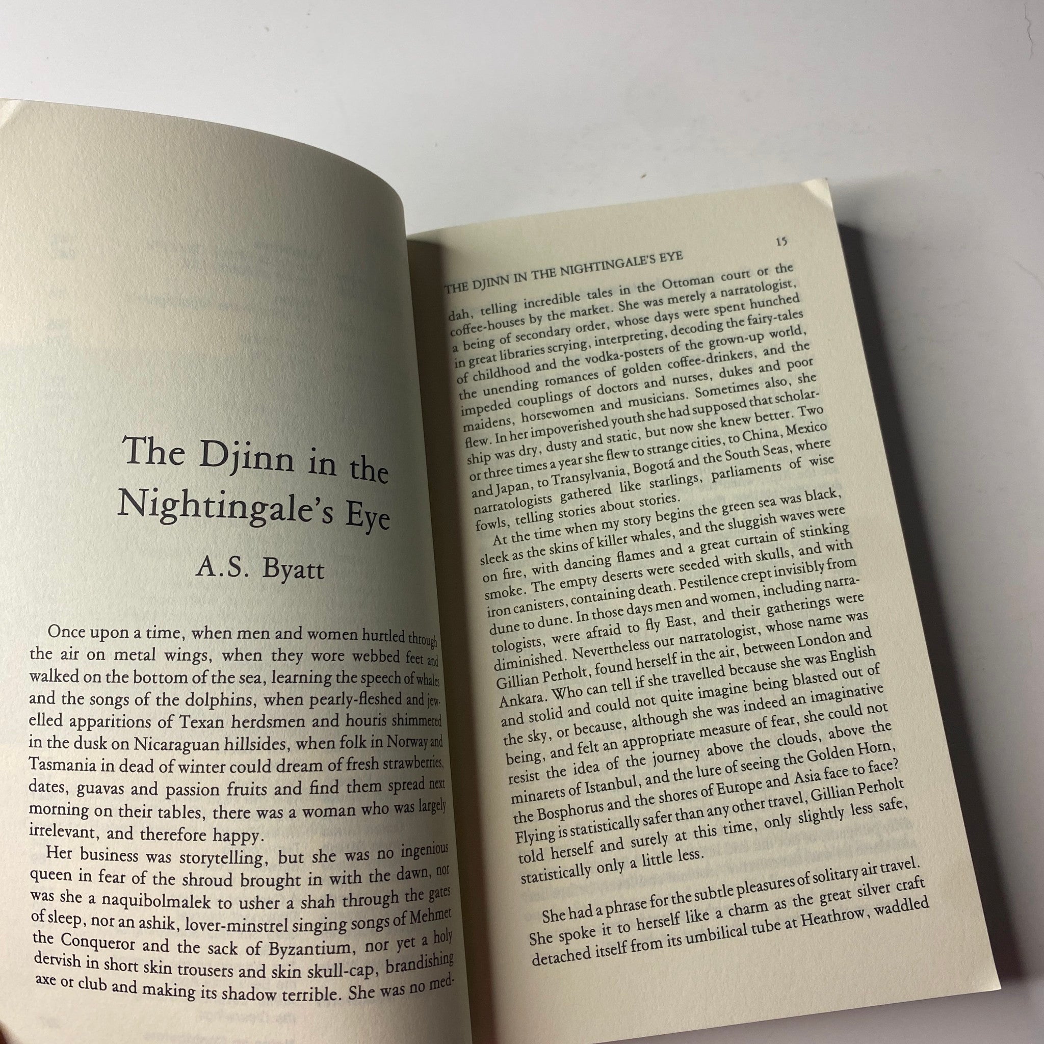 Inside page from The Paris Review Magazine Winter 1994-1995 No. 133 featuring a text excerpt from A.S. Byatt's story 'The Djinn in the Nightingale's Eye'.