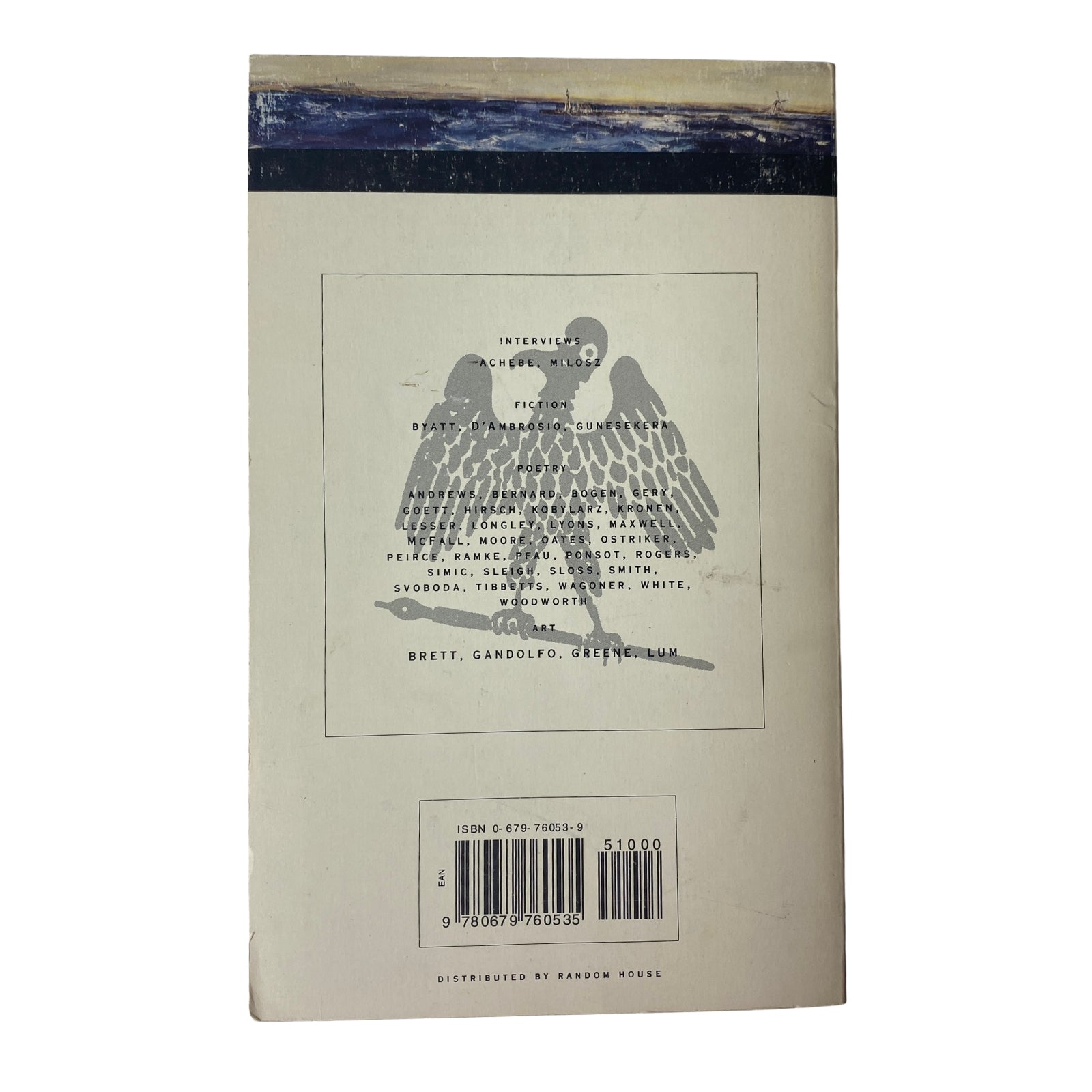 Back cover of The Paris Review Magazine Winter 1994-1995 No. 133 featuring an eagle emblem, interviews, and fiction highlights. Very Good Condition, No Label, from Original Magazines.
