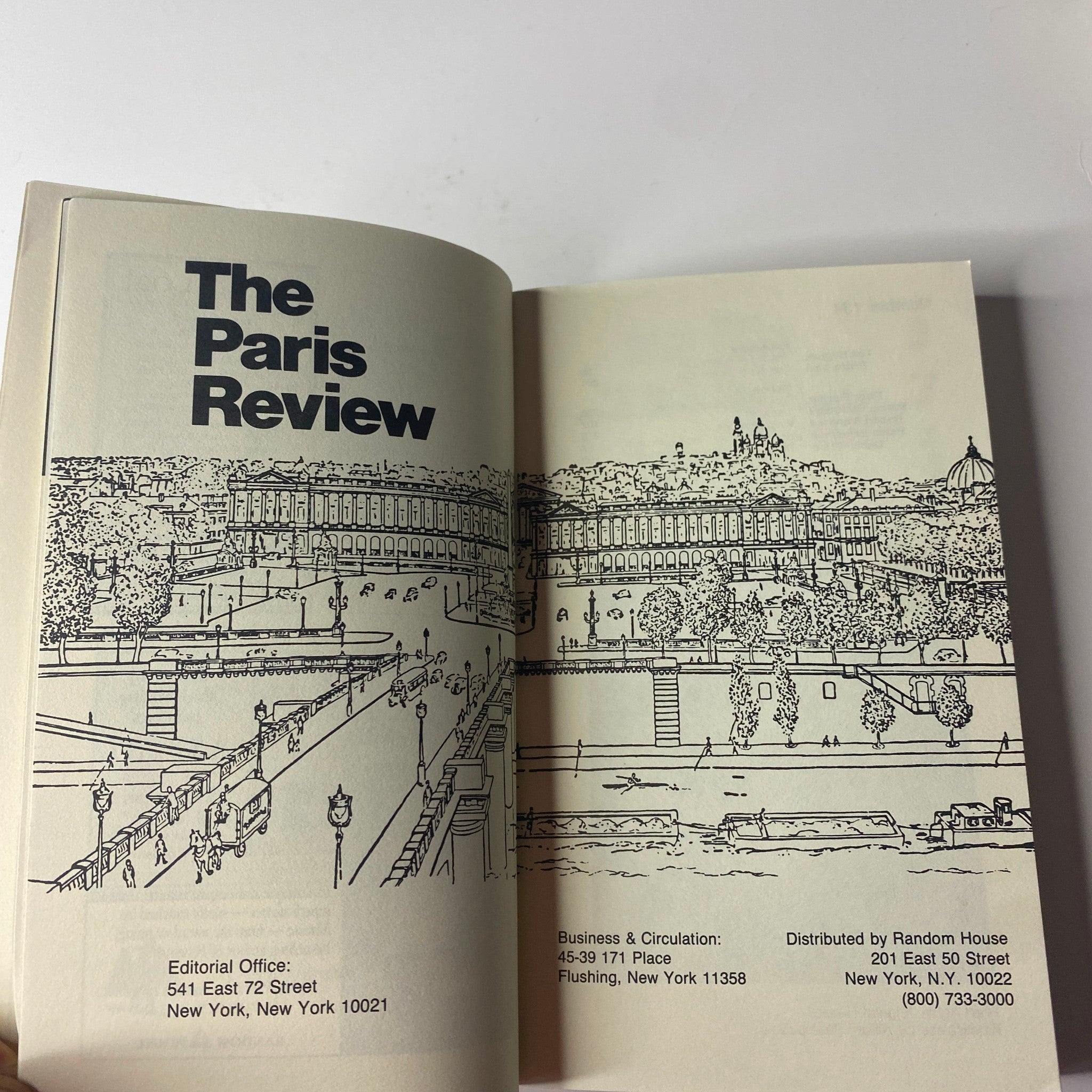 Inside page of The Paris Review Magazine Spring 1995 No. 134 displaying the editorial office information with an illustration of a park-like scene.