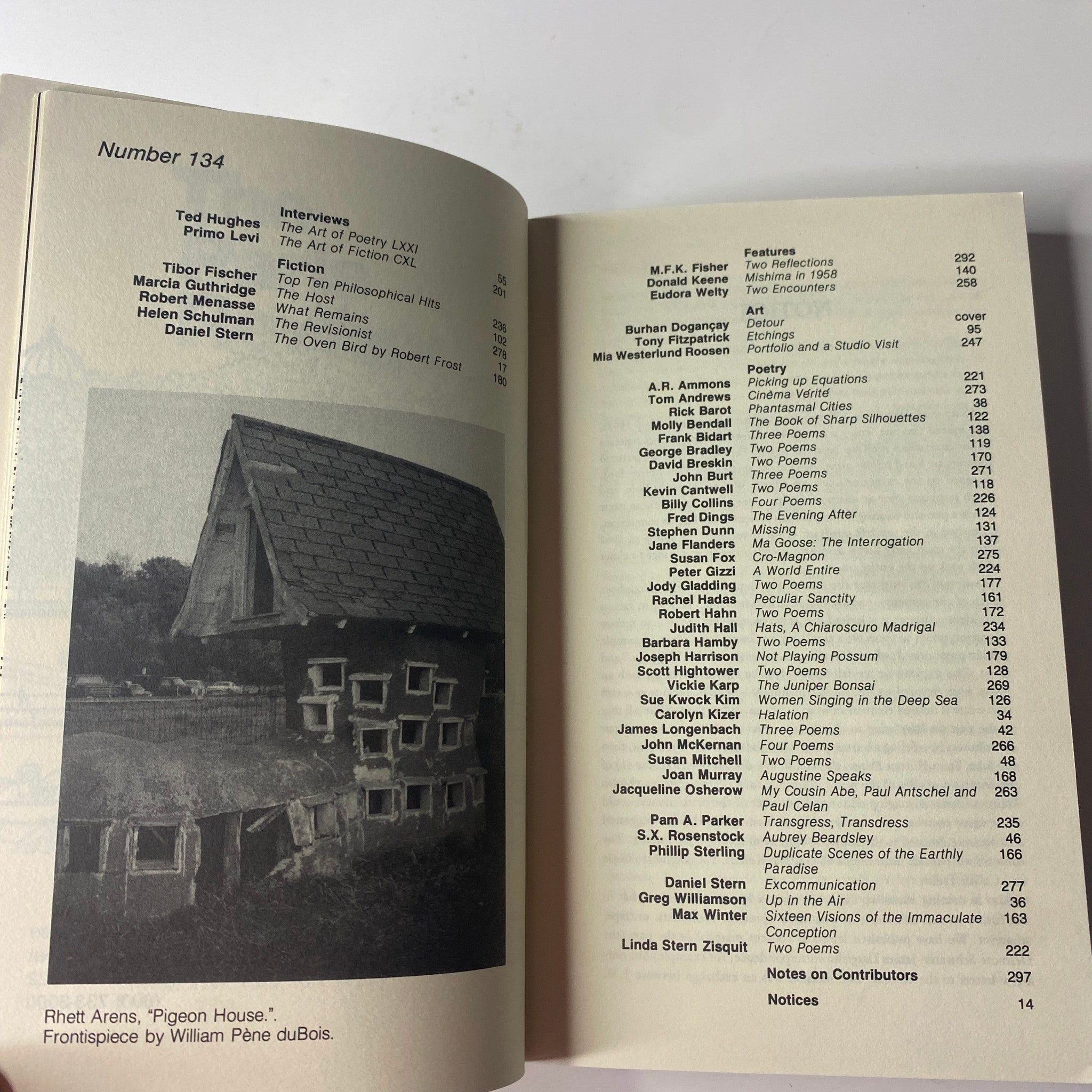 Inside page of The Paris Review Magazine Spring 1995 No. 134 listing the contents, including interviews with Ted Hughes and Primo Levi.