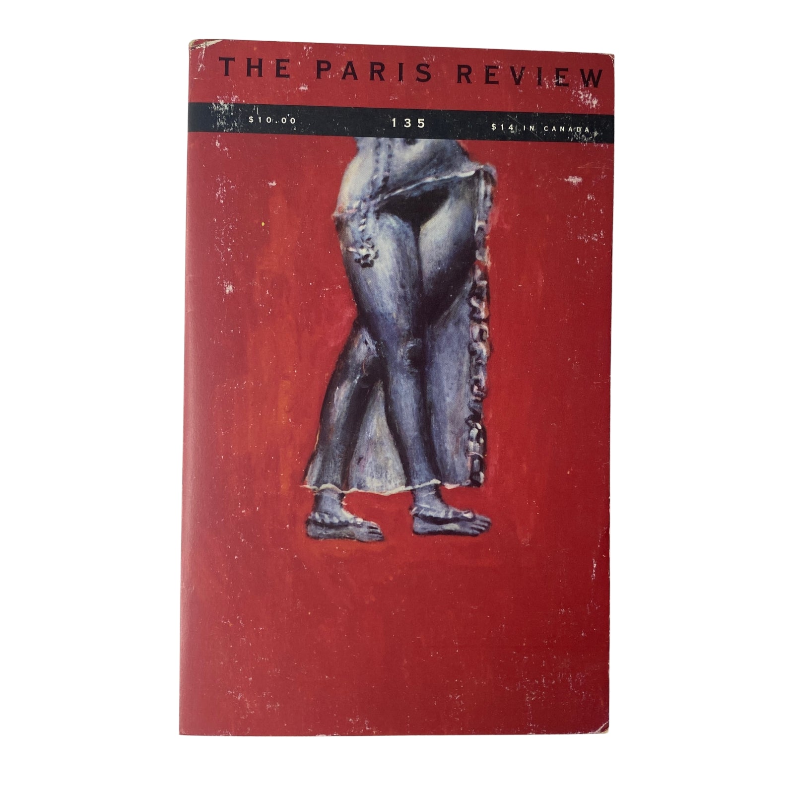 Cover of The Paris Review Magazine Summer 1995 No. 135 featuring a red background and an artistic depiction of a figure's lower body. Contains works by Thom Gunn and P.D. James.