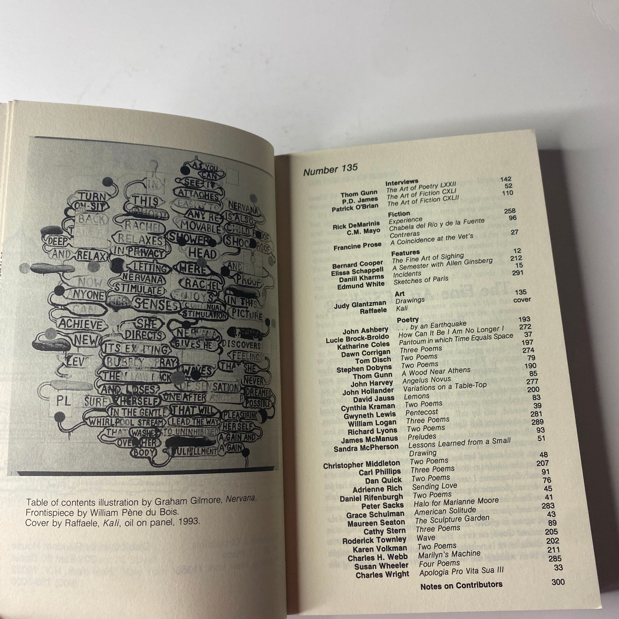 Table of contents illustration from The Paris Review Magazine Summer 1995 No. 135 featuring contributions by notable authors and artists.
