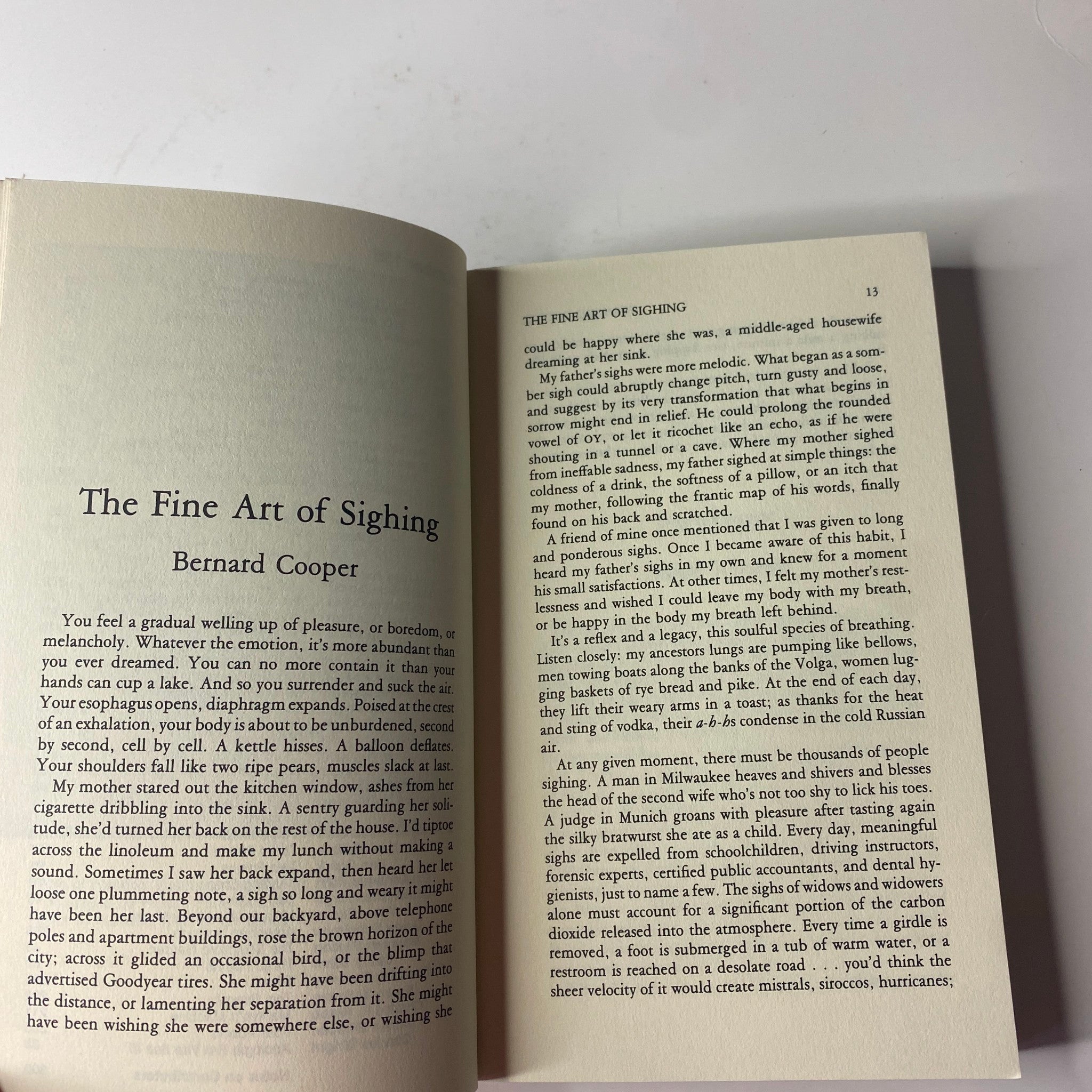 Excerpt from Bernard Cooper's essay 'The Fine Art of Sighing' in The Paris Review Magazine Summer 1995 No. 135.