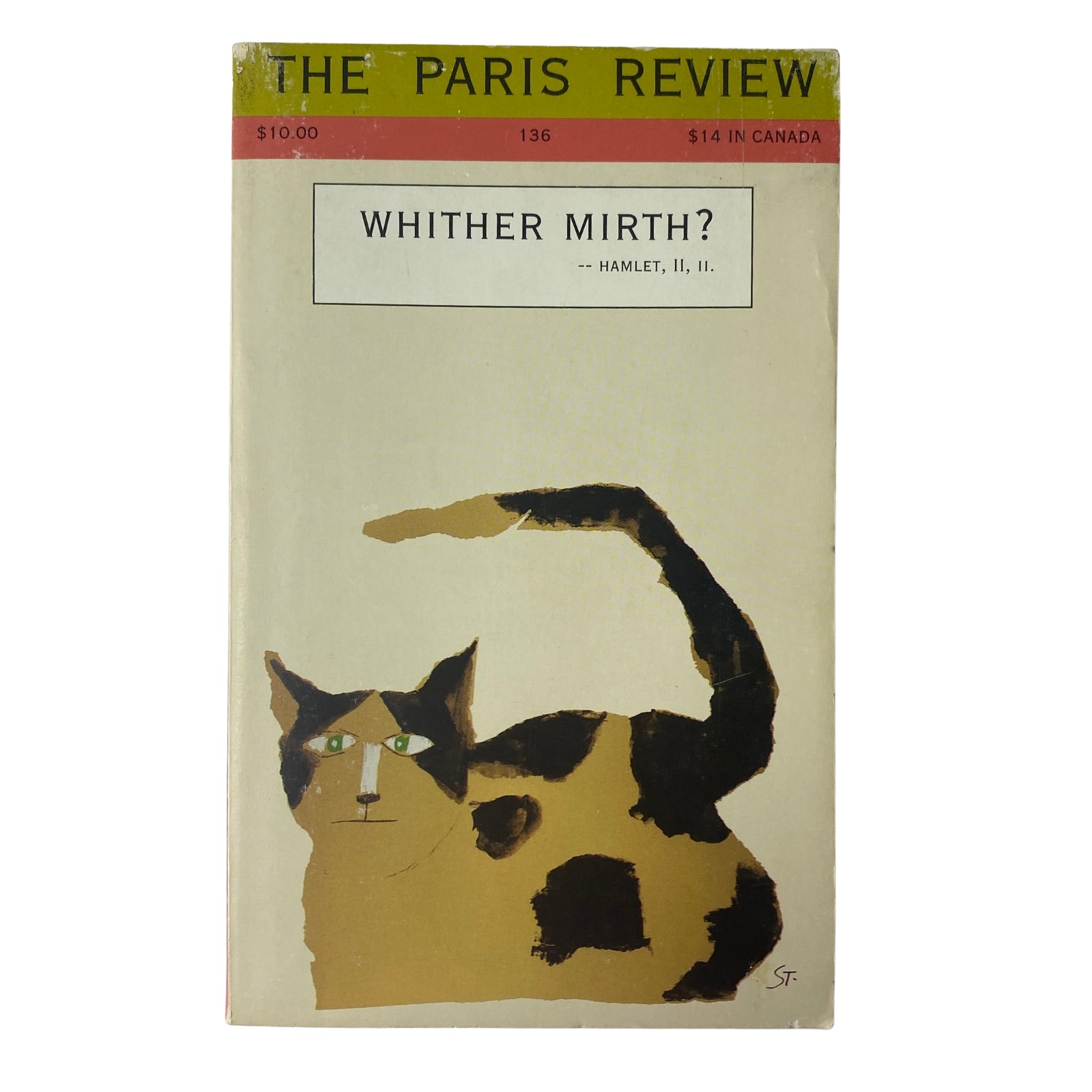 Cover of The Paris Review Magazine Fall 1995 No. 136 featuring a whimsical illustration of a cat with the title 'Whither Mirth? - Hamlet, II, II.' The magazine explores humor in literature.