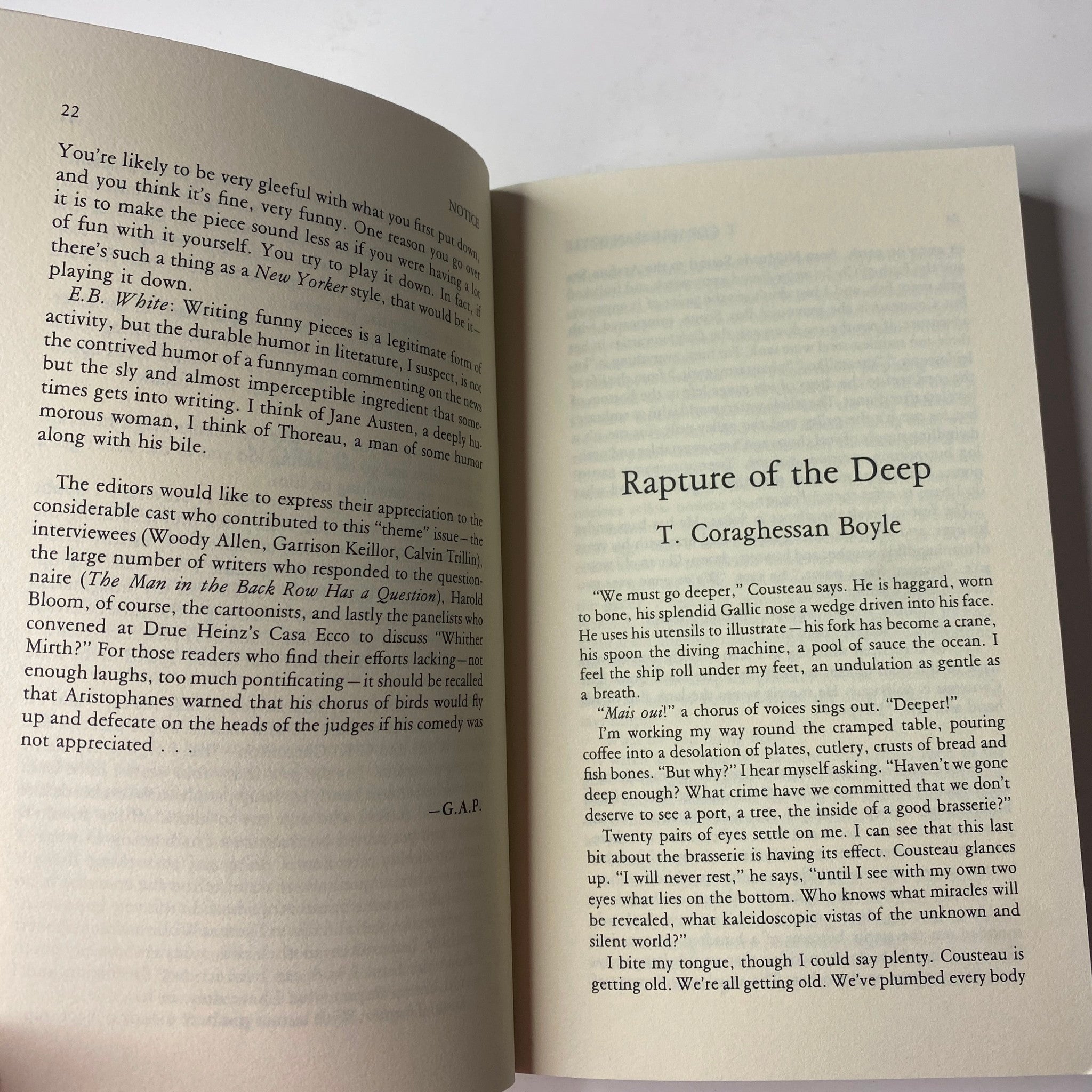 An excerpt from The Paris Review Magazine Fall 1995 No. 136, highlighting the article 'Rapture of the Deep' by T. Coraghessan Boyle, emphasizing humor in literary discourse.