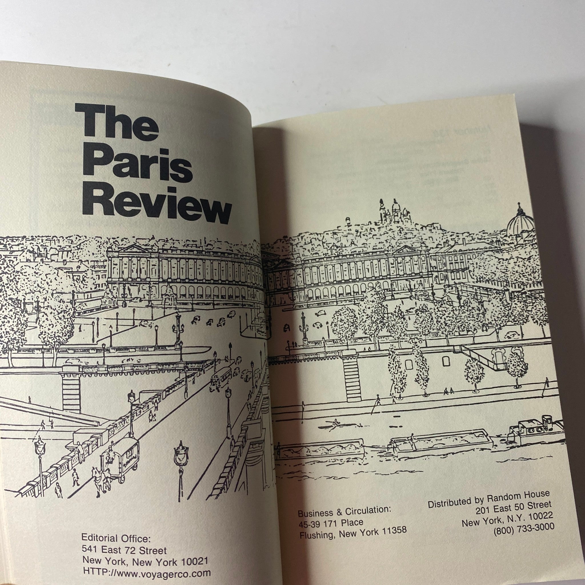 Inside page of The Paris Review Magazine Spring 1996 No. 138 displaying the editorial and circulation details with an illustration of a landscape.