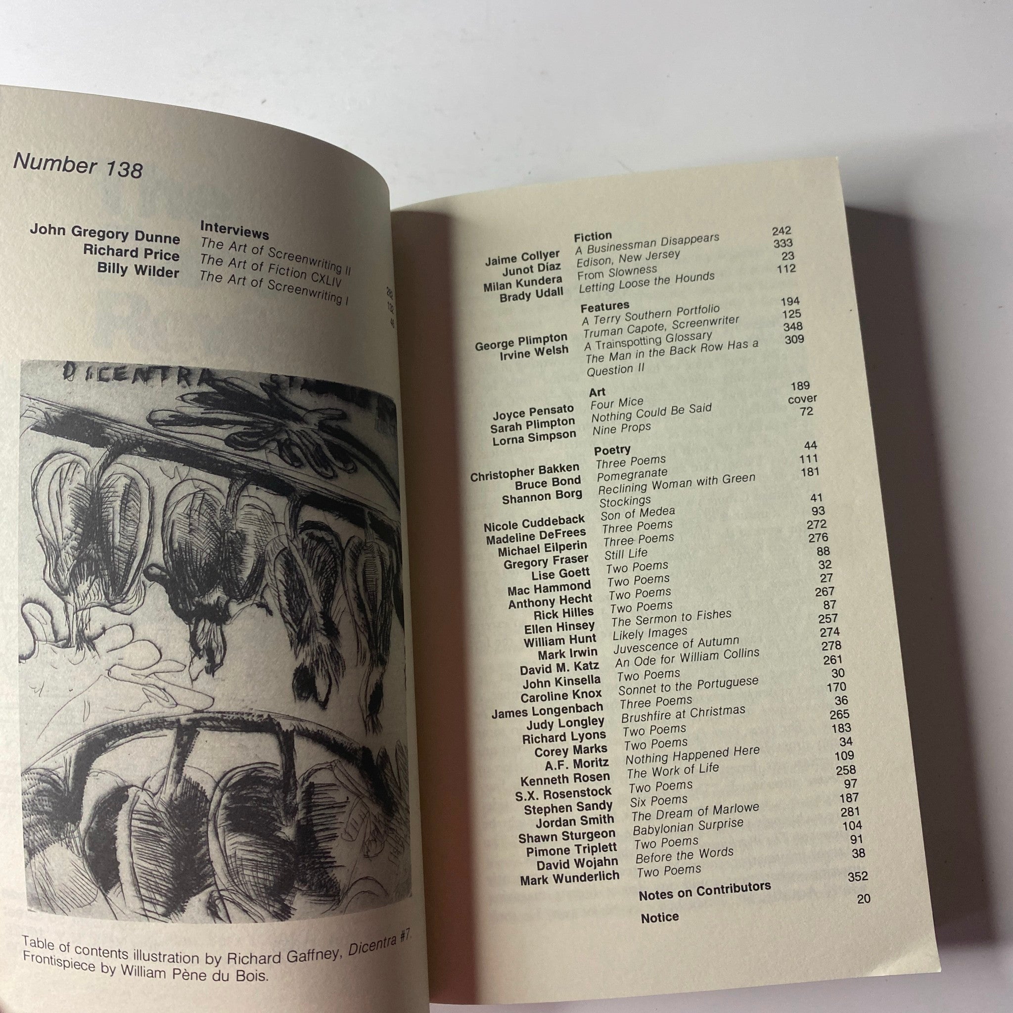 Table of contents from The Paris Review Magazine Spring 1996 No. 138, featuring interviews, fiction, and contributions from various authors and artists.