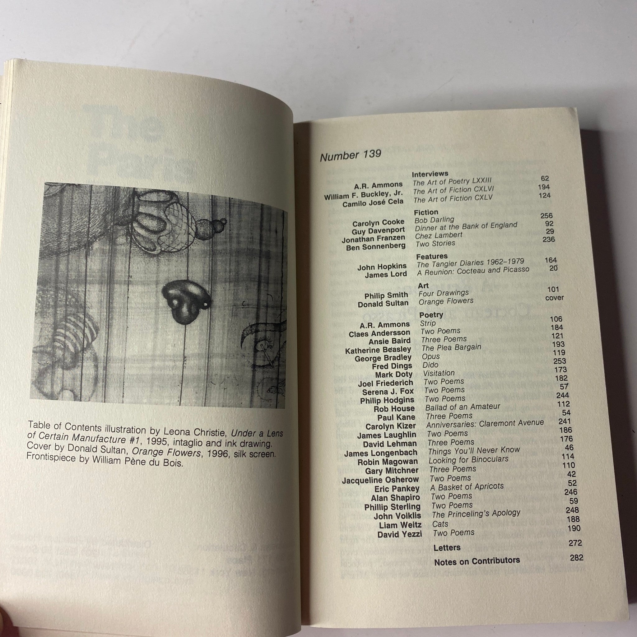 Table of contents page from The Paris Review Magazine Summer 1996 No. 139 John Hopkins, detailing featured articles and contributors.