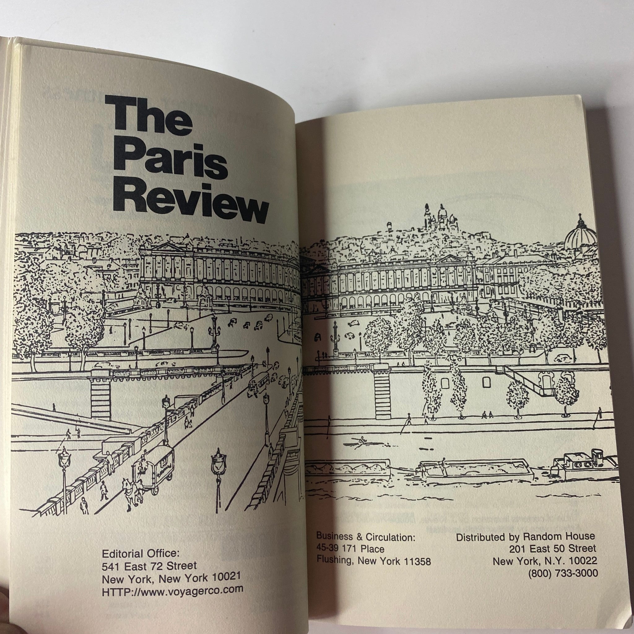 Inside page of The Paris Review Magazine Fall 1996 No. 140 displaying the editorial office details and an illustration of a scenic view, emphasizing its literary focus.