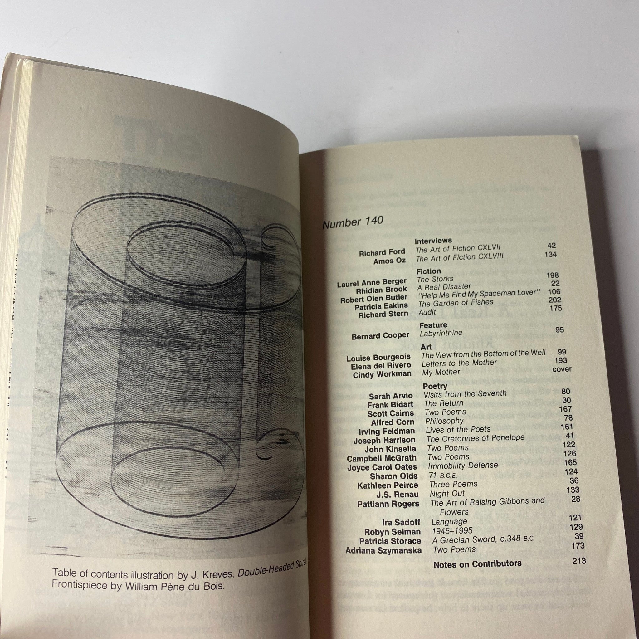 The Paris Review Magazine Fall 1996 No. 140 featuring a table of contents with titles from various authors including 'A Real Disaster' by Rhidian Brook and 'Labyrinthine' by Bernard Cooper.