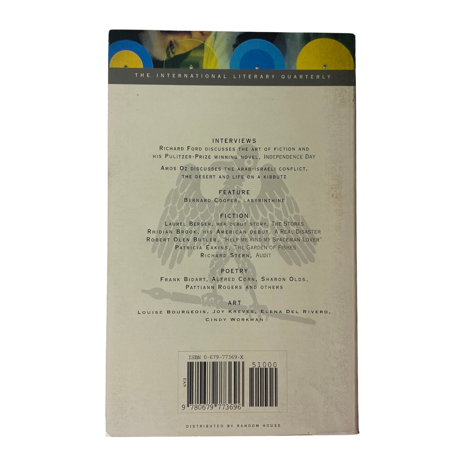 The back cover of The Paris Review Magazine Fall 1996 No. 140, listing featured interviews, fiction, poetry, and art contributions.