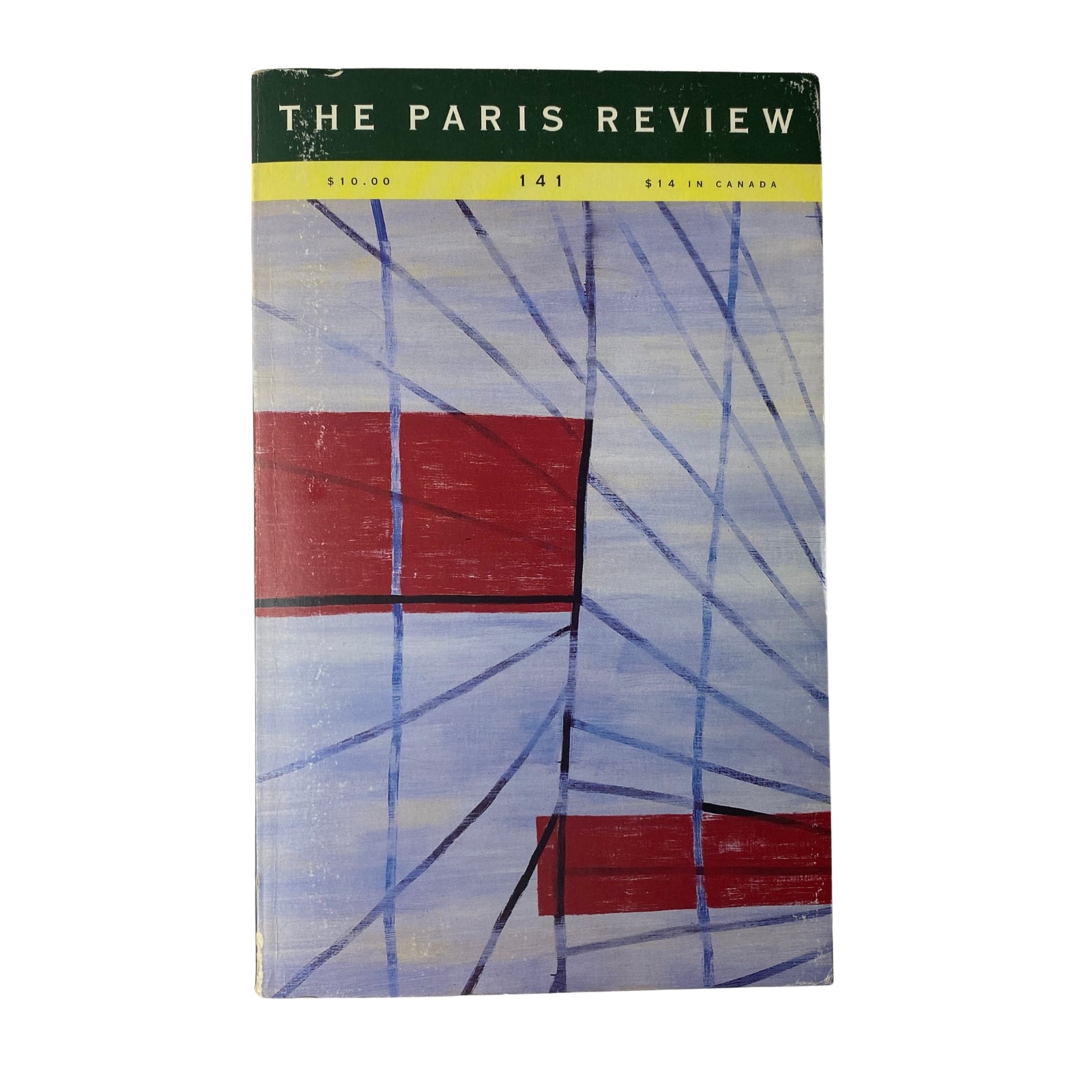 Cover image of The Paris Review Magazine Winter 1996 No. 141 featuring abstract artwork with red and blue geometric shapes.
