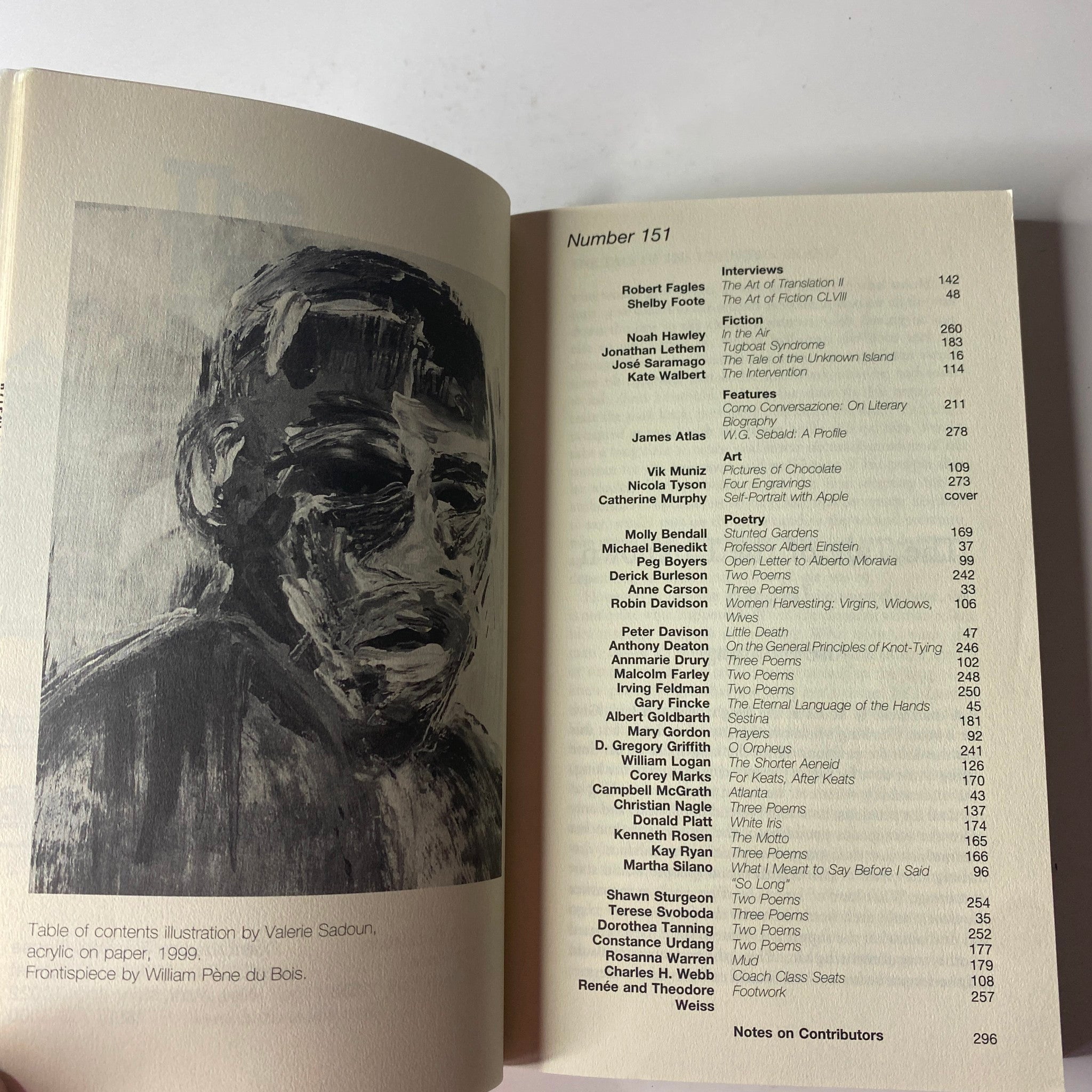 Table of contents page inside The Paris Review Magazine Summer 1999 No. 151, featuring illustrations and contributor details.