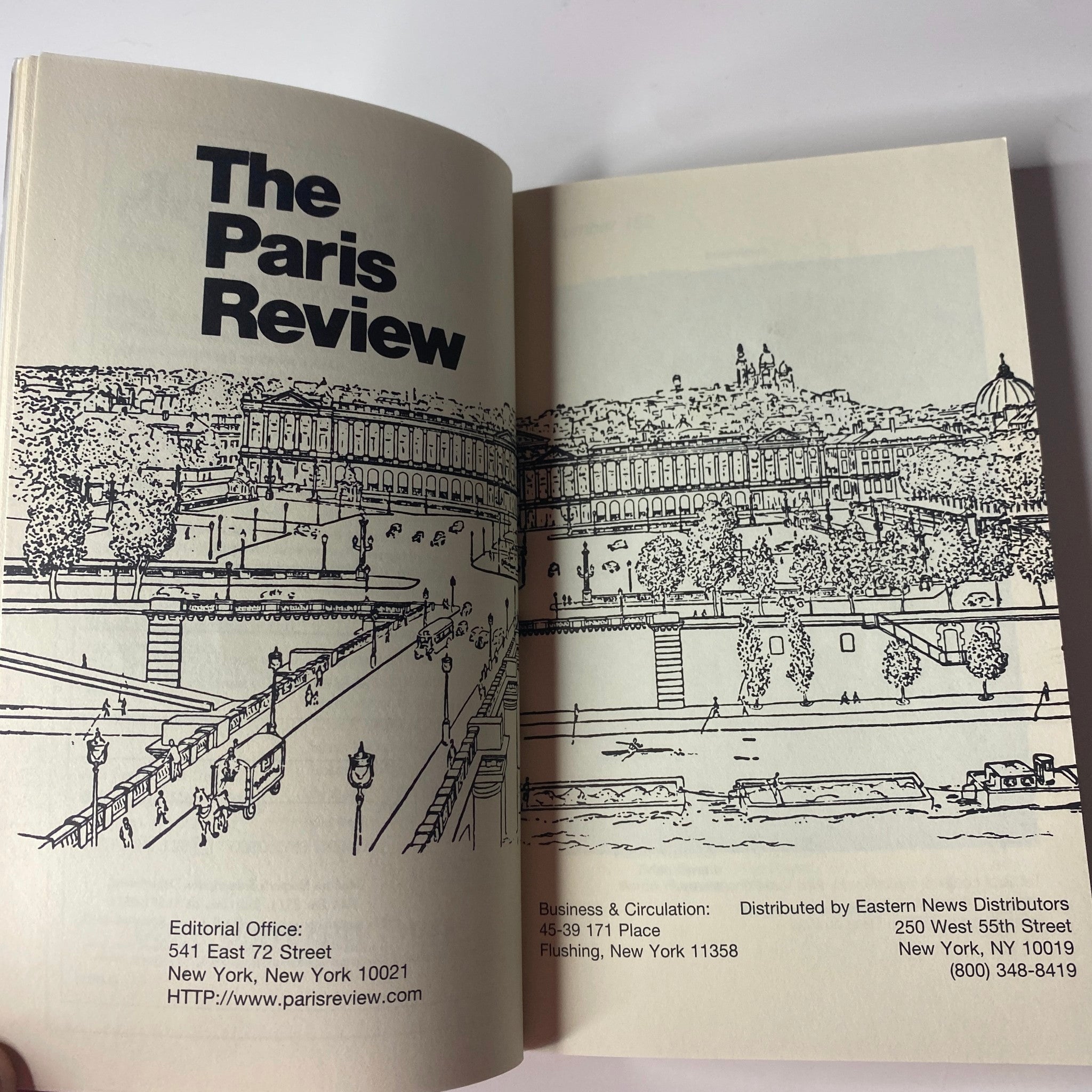 Inside page of The Paris Review, Fall 1999, No. 152 displaying editorial office details and a waterfront illustration.