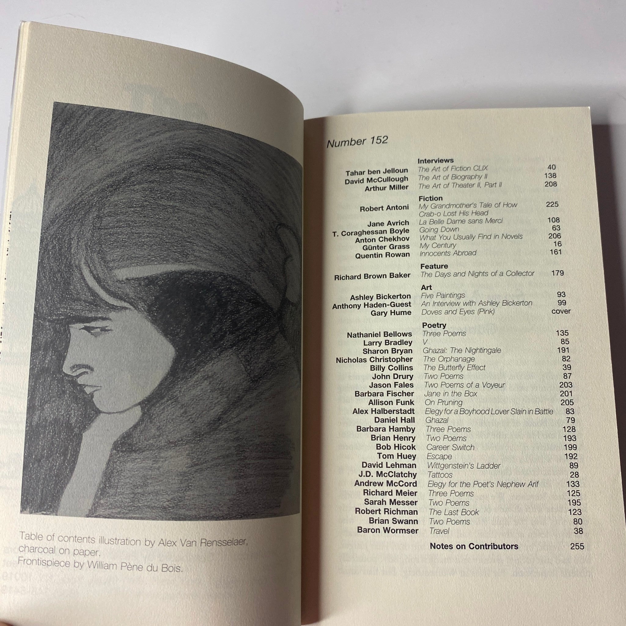 Page from The Paris Review Magazine, Fall 1999, No. 152 illustrating the table of contents with contributors and artwork.
