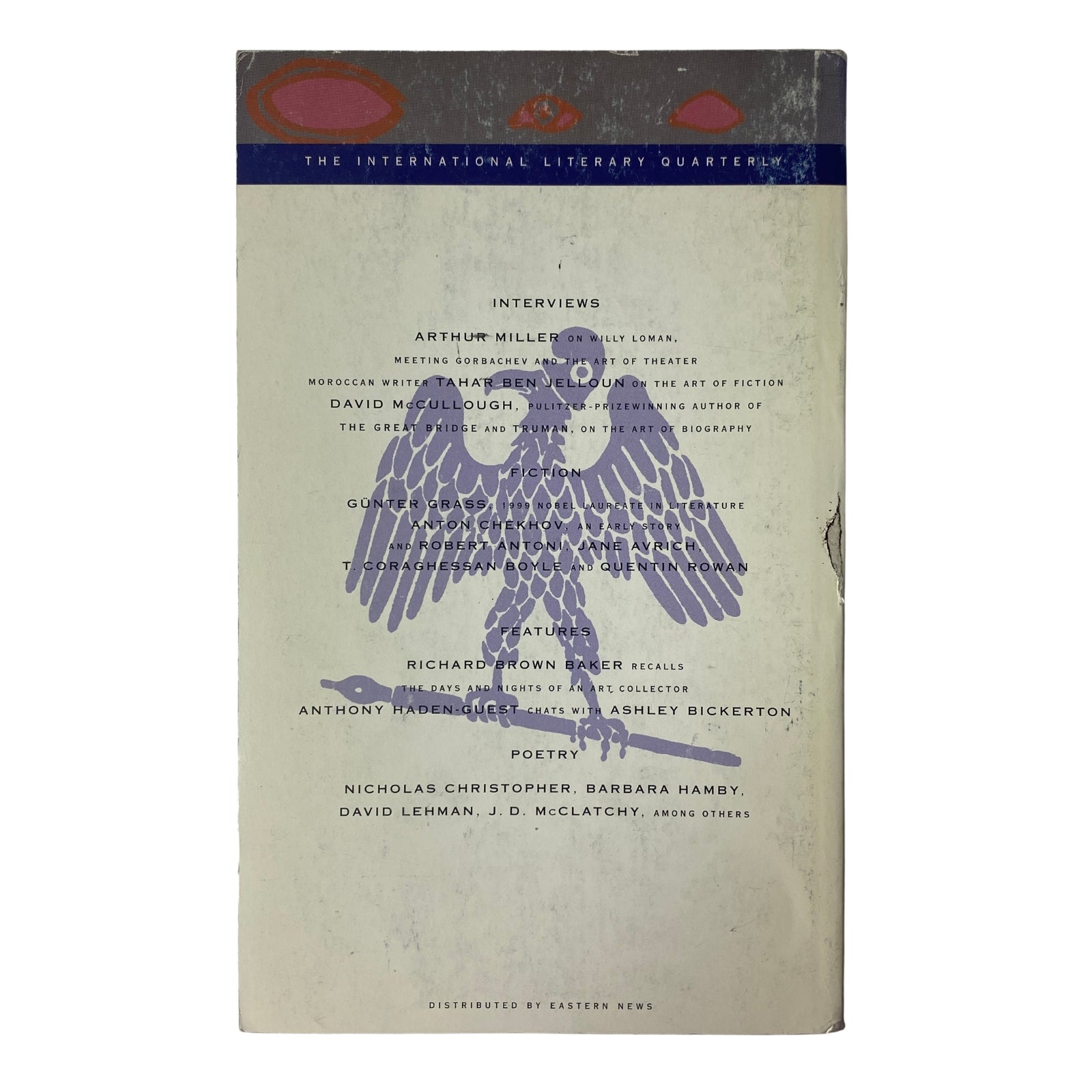 Back cover of The Paris Review Magazine Fall 1999 No. 152 Richard Brown Baker featuring a design with a bird graphic and listing notable interviews and contributors.