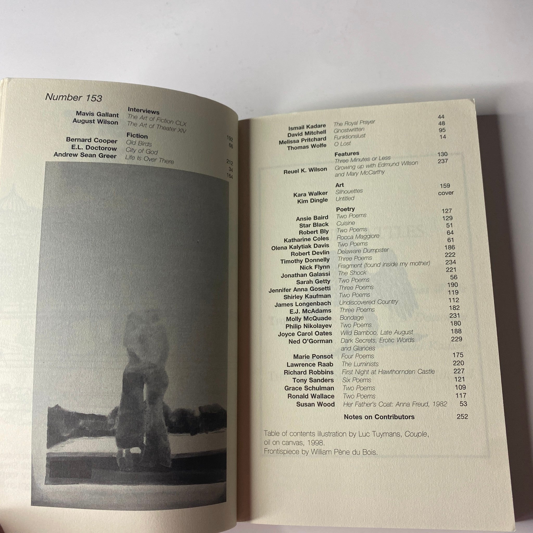 Interior page of The Paris Review Magazine Winter 1999-2000 No. 153 featuring the table of contents with interviews and poetry contributions.