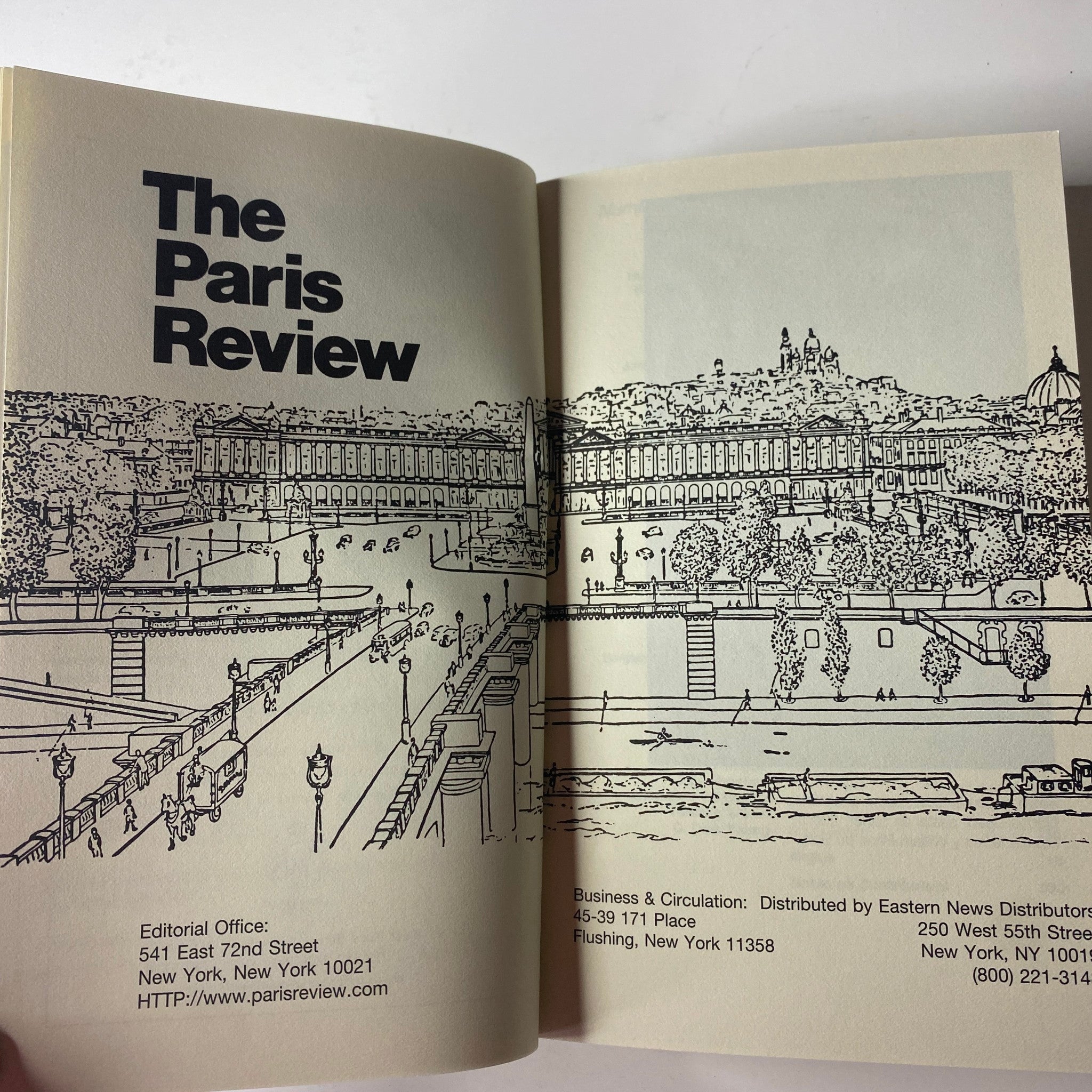 Inside page of The Paris Review Magazine Fall 2000 No. 156 displaying an illustration of a building and editorial office details.