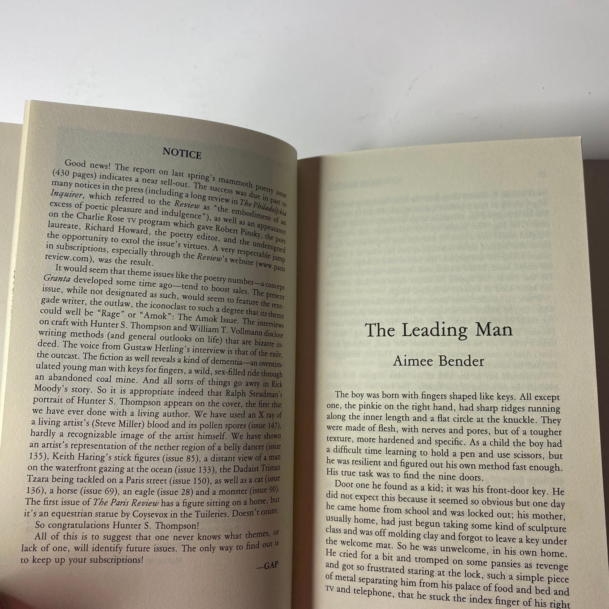 Inside page of The Paris Review Magazine Fall 2000 No. 156 featuring a story excerpt titled 'The Leading Man' by Aimee Bender.