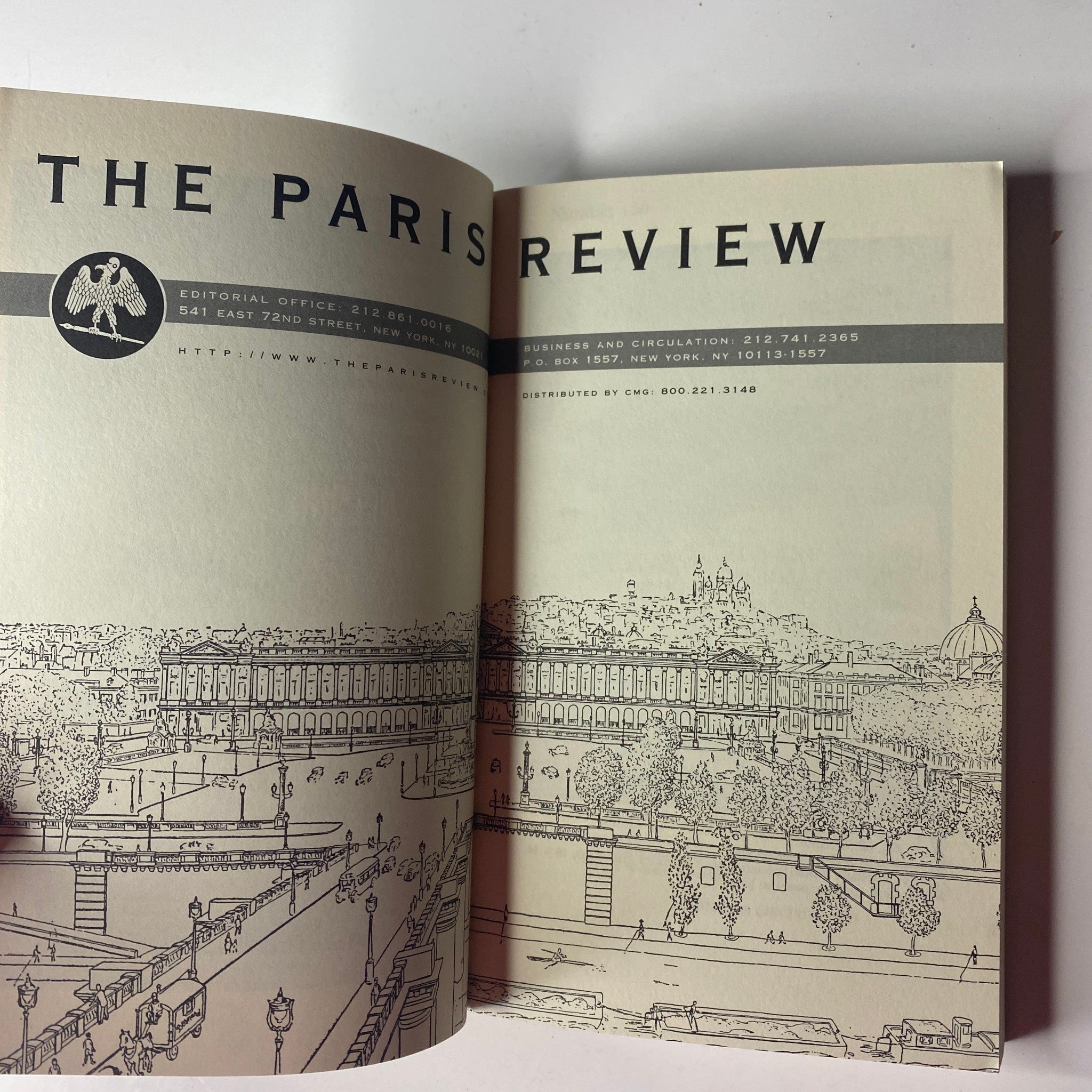 Interior page of The Paris Review Magazine Winter 2001 No. 160 displaying the editorial office details and a sketch of a cityscape.
