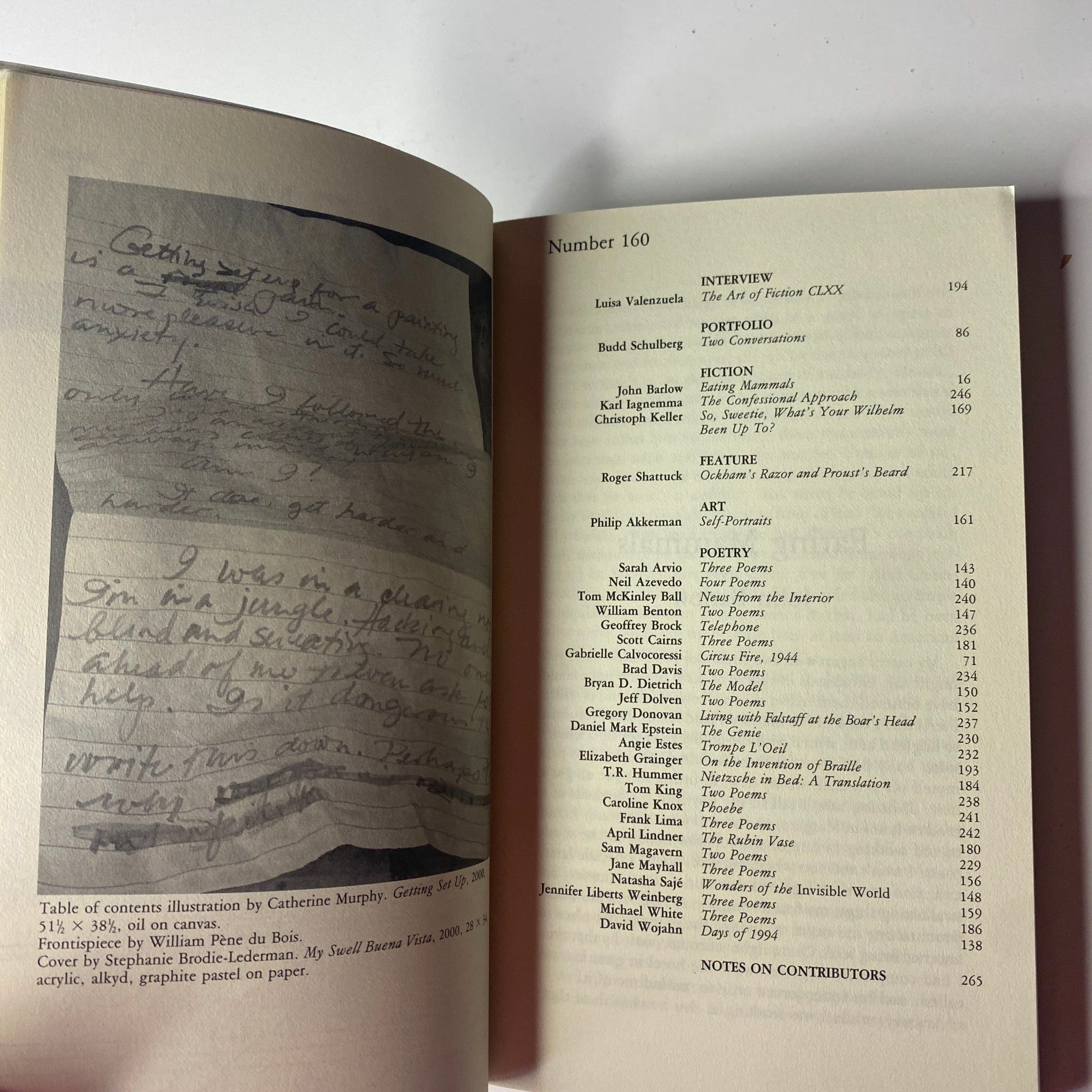 Interior page of The Paris Review Magazine Winter 2001 No. 160 featuring the table of contents, illustrating various literary contributions and author credits.