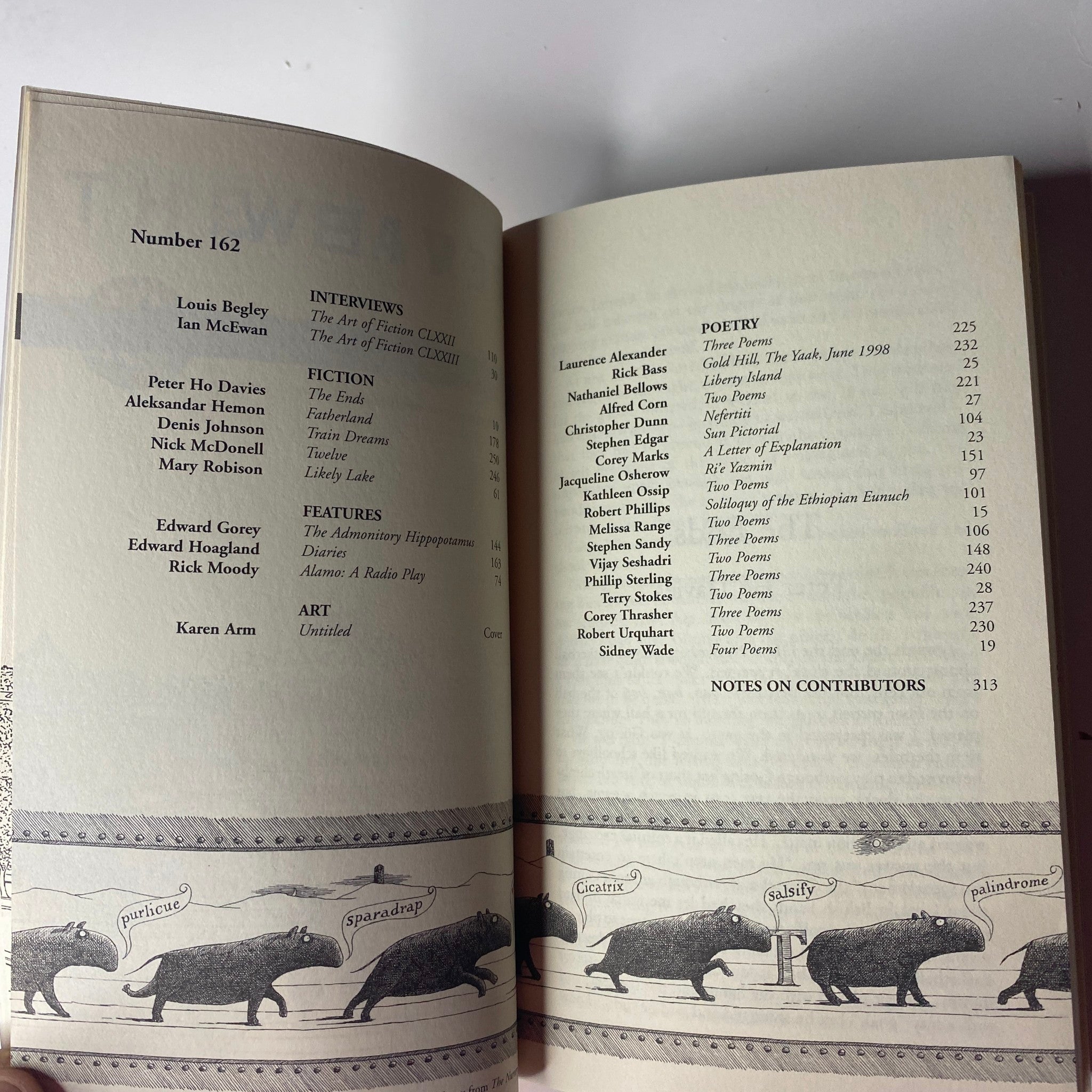 Inside content of The Paris Review Magazine Summer 2002 No. 162 listing contributors and featured poetry alongside Edward Gorey's work.