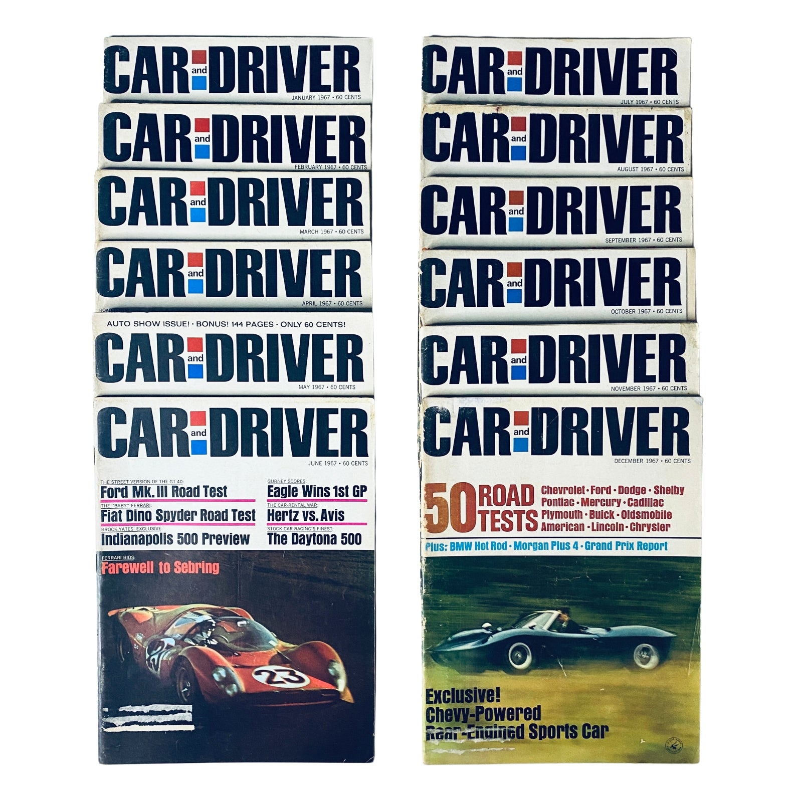 Lot of 12 Car and Driver Automotive Magazines from 1967, featuring classic car covers showcasing automotive trends from January to December.