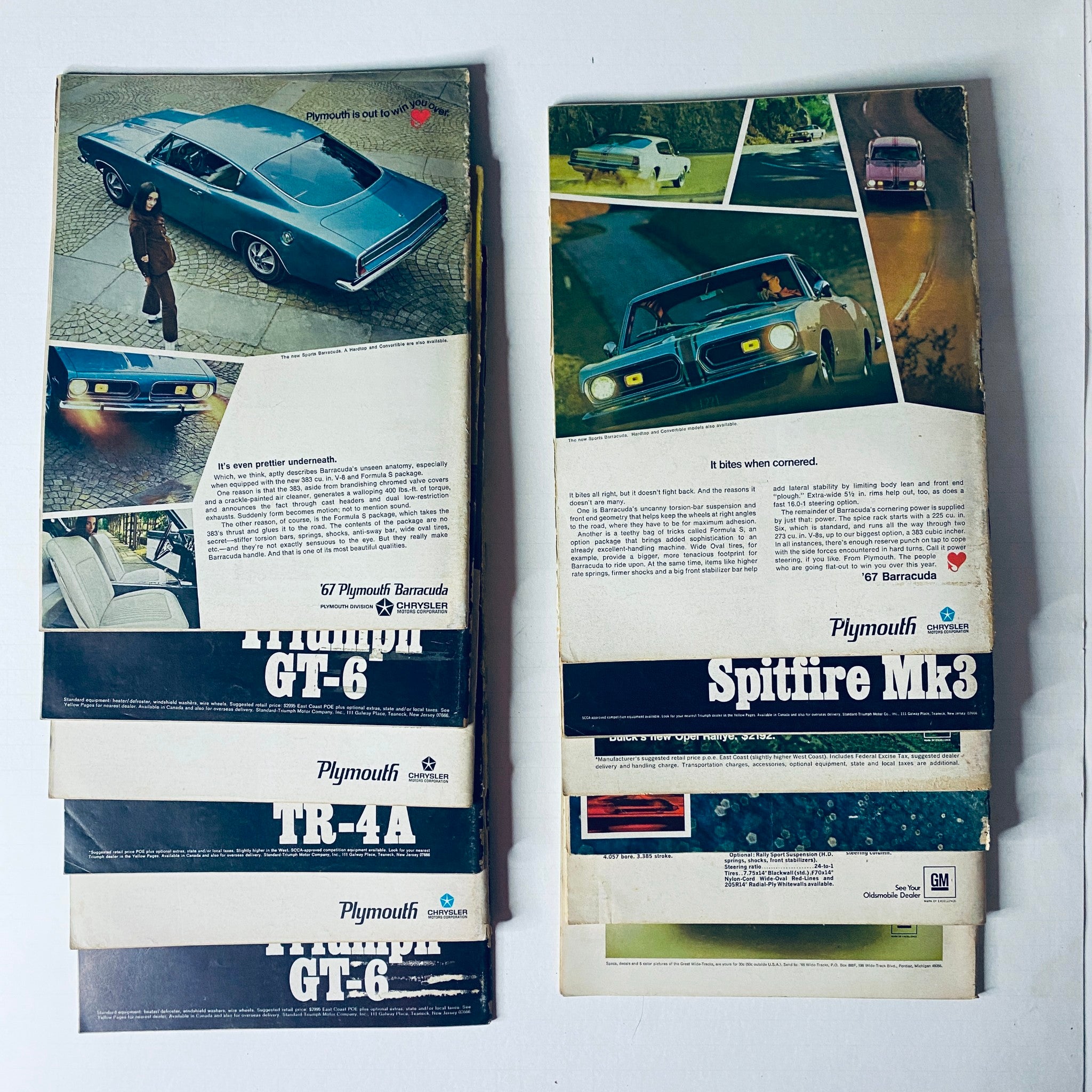 Collection of automotive advertisements including a 1967 Plymouth Barracuda and other classic models, presented alongside the Lot of 12 Car and Driver Automotive Magazines from 1967.